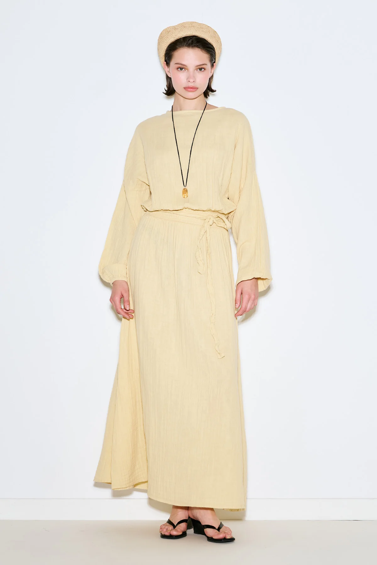 Muslin Gathered Waist Dress Yellow - Image 2