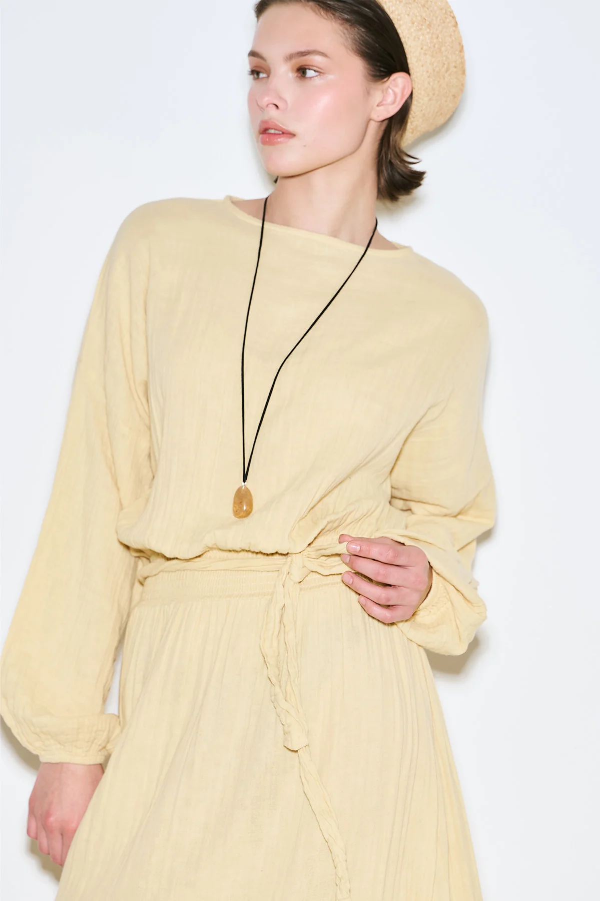 Muslin Gathered Waist Dress Yellow - Image 3