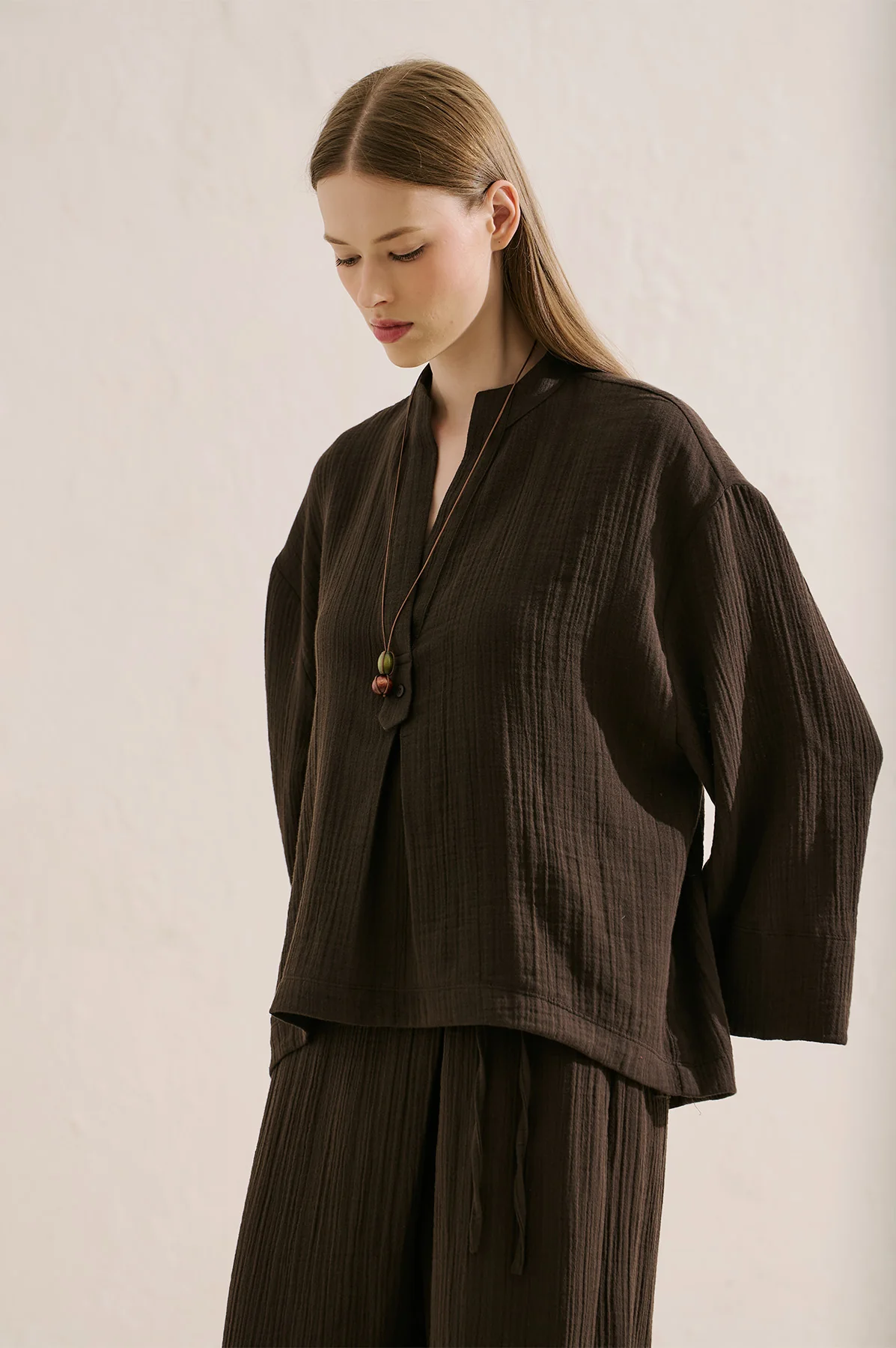 Muslin Wide Sleeve Blouse Dark Brown - Image 2