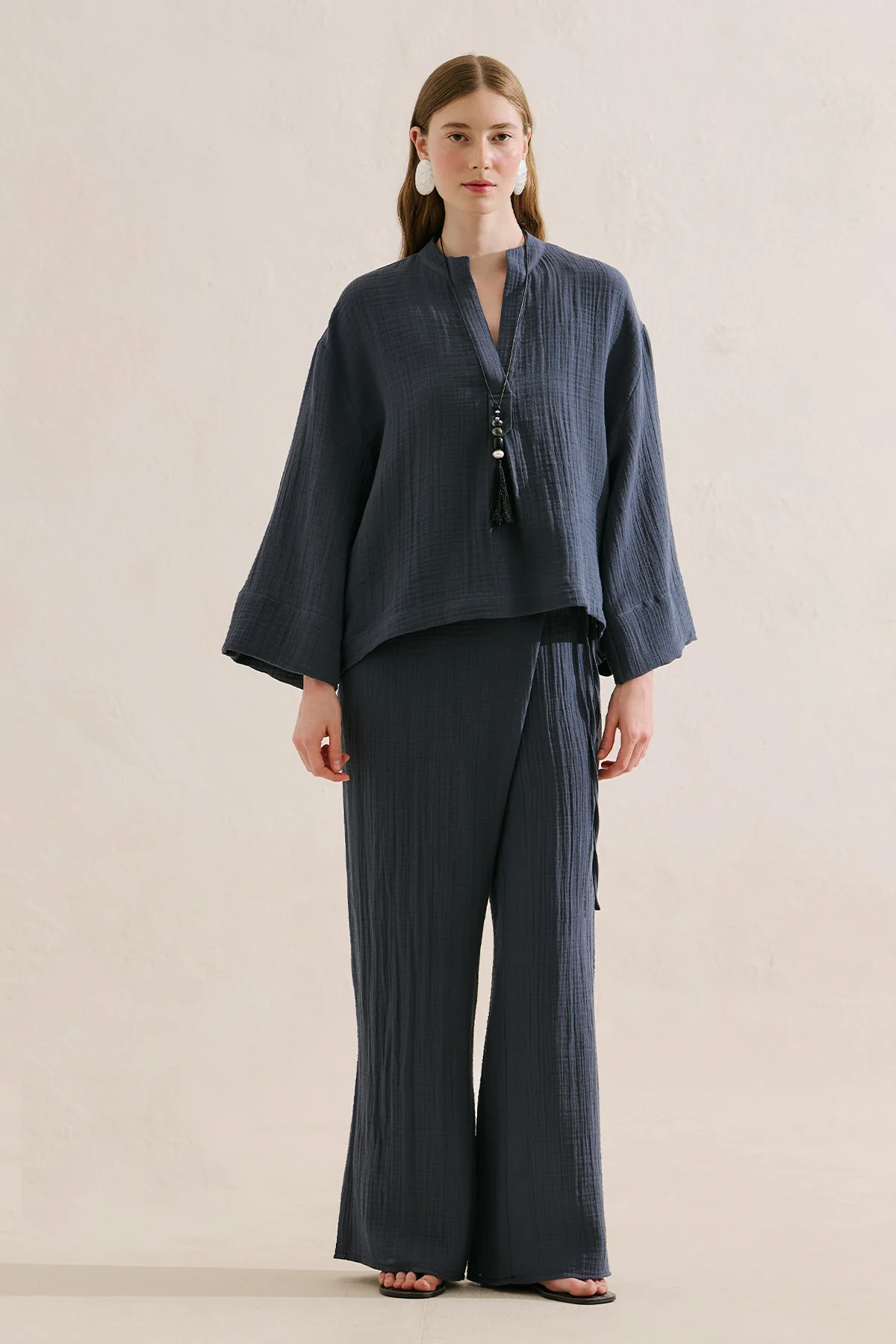 Muslin Wide Sleeve Blouse Indigo