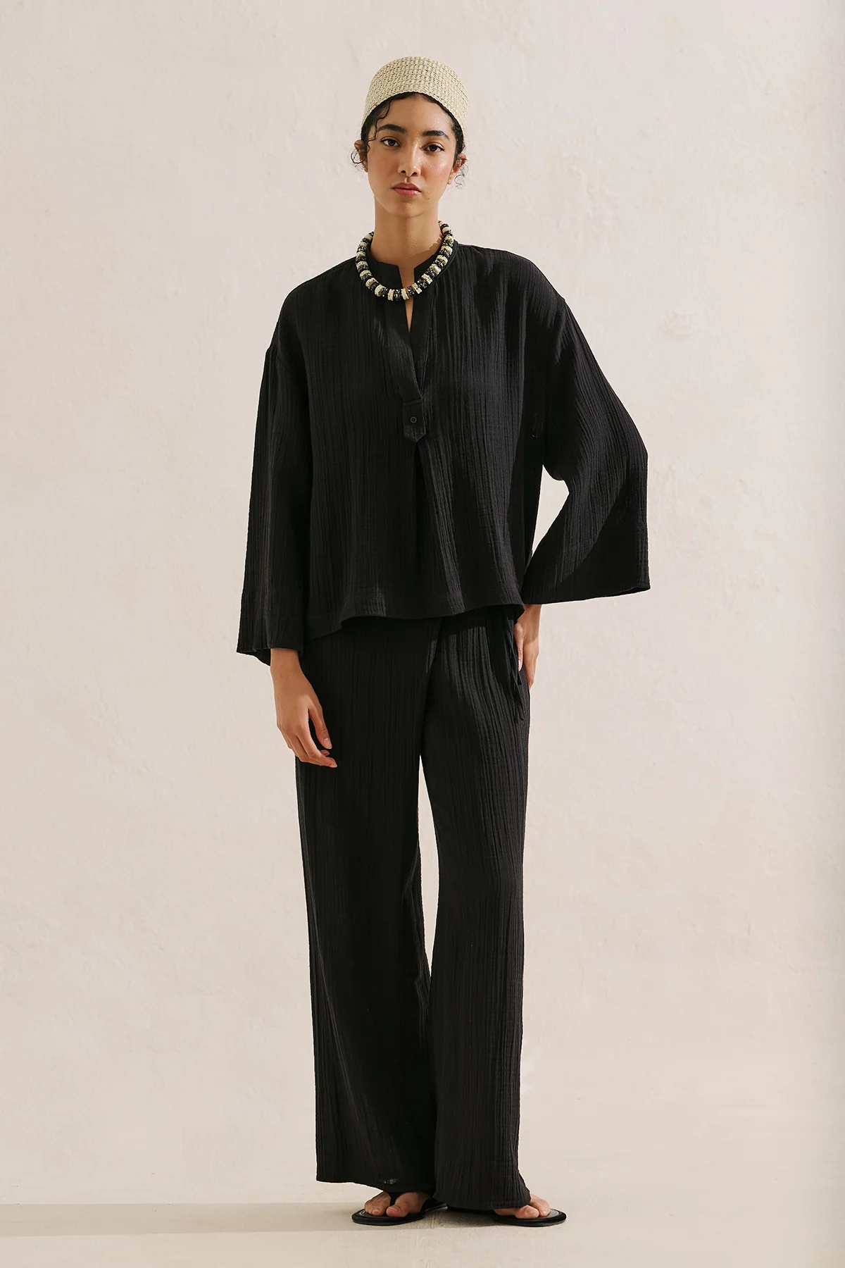 Muslin Wide Sleeve Blouse Black - Image 2