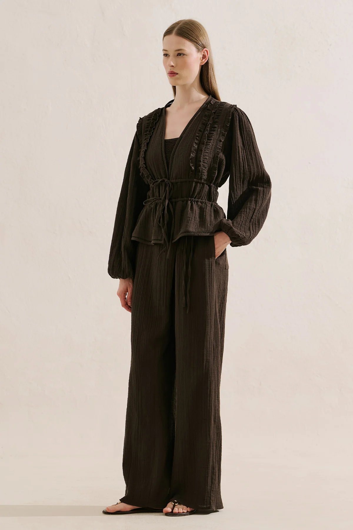 Embroidered Muslin Cropped Blouse Dark Brown - Image 4