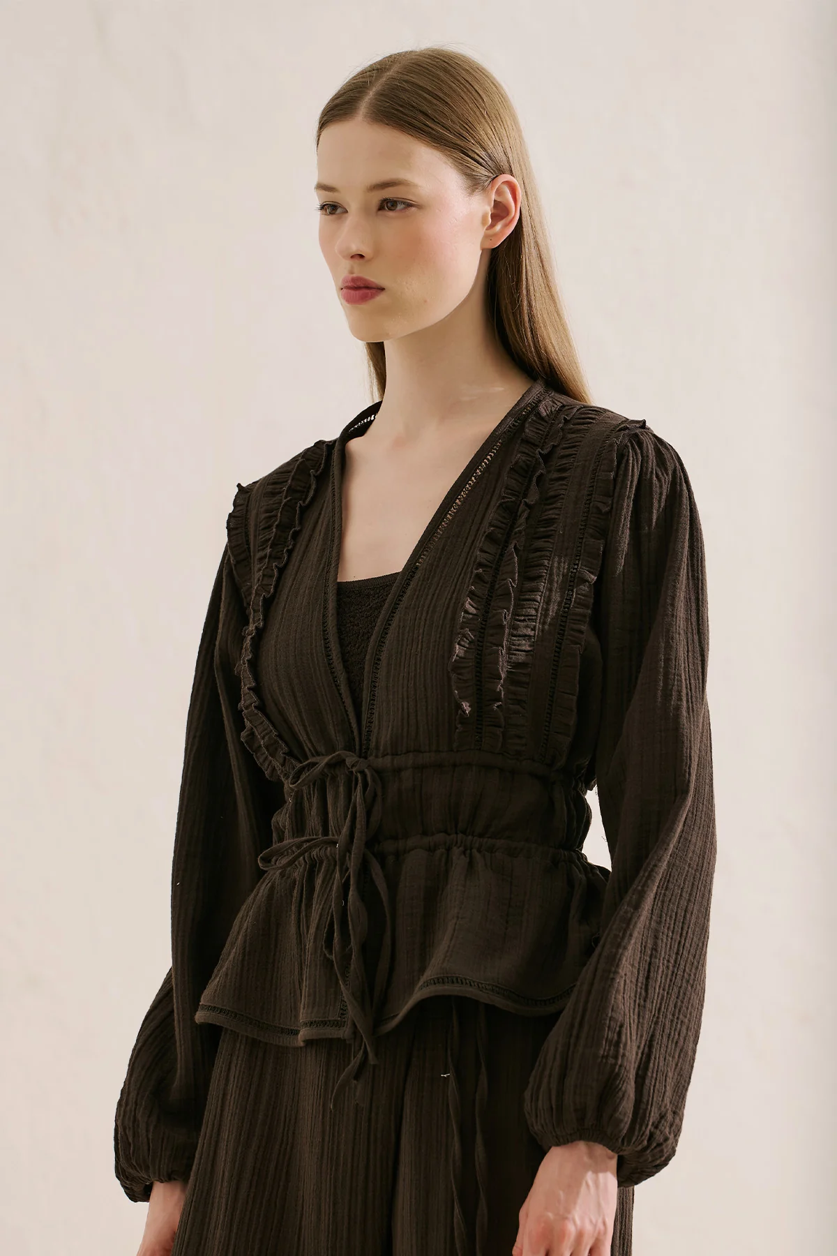 Embroidered Muslin Cropped Blouse Dark Brown - Image 7
