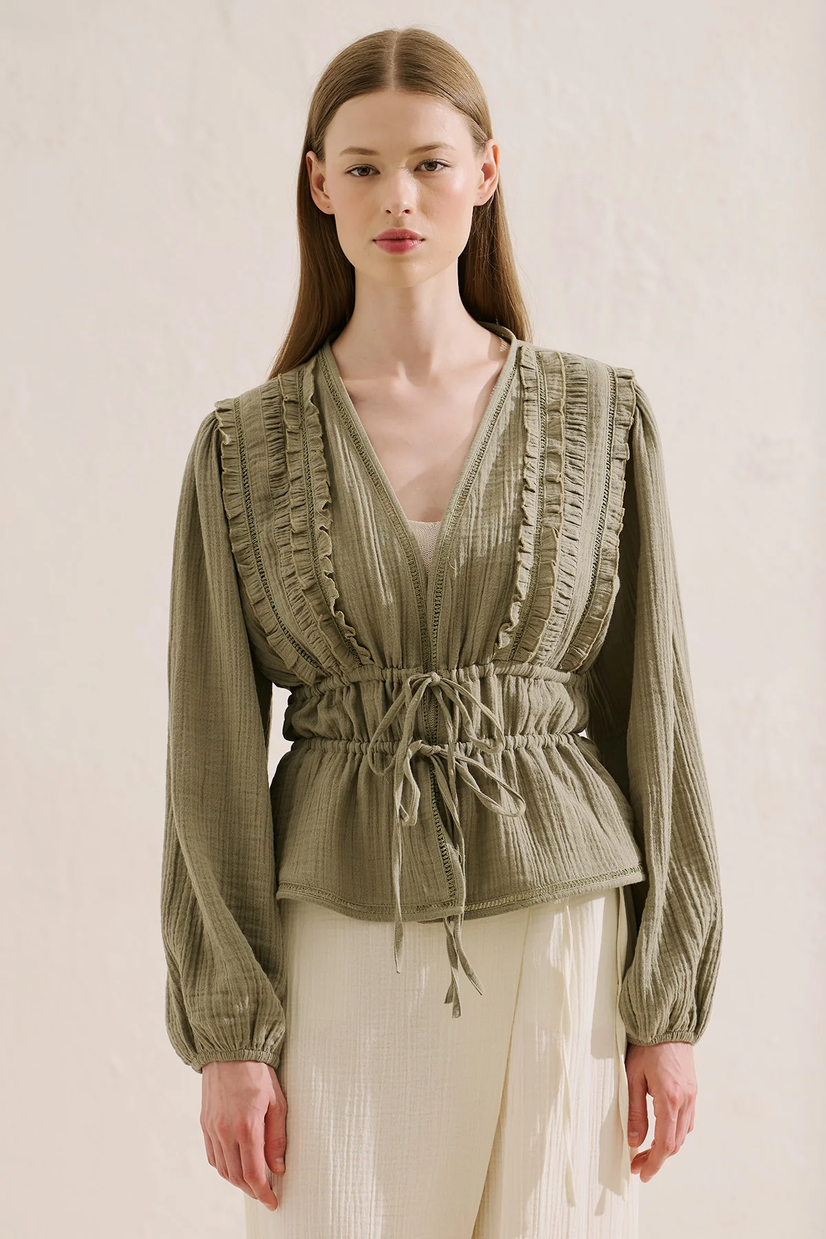 Embroidered Muslin Cropped Blouse Sage Green - Image 6