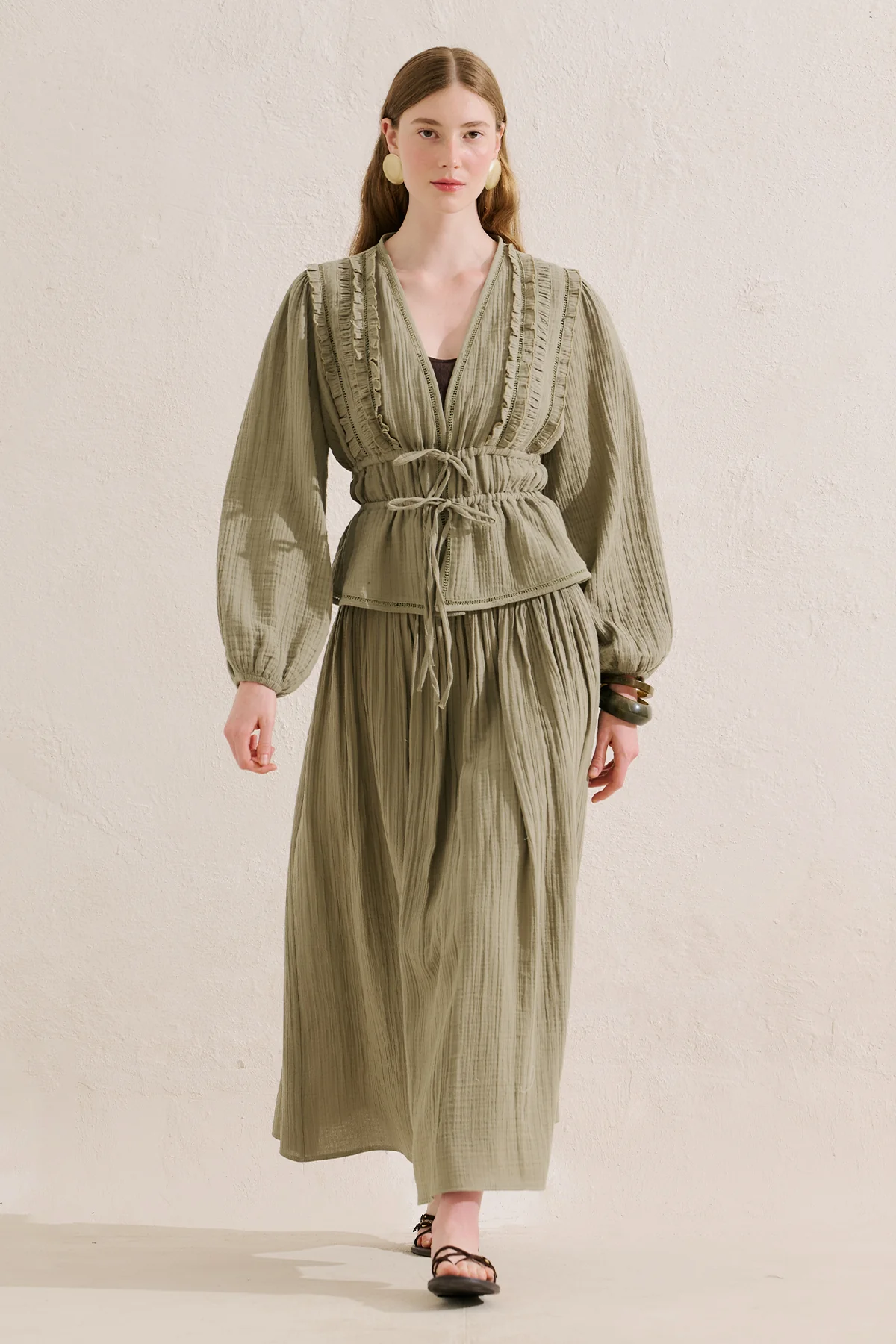 Embroidered Muslin Flowing Skirt Sage Green - Image 5