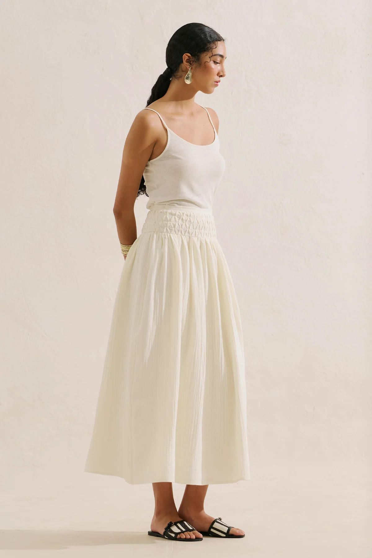 Embroidered Muslin Flowing Skirt Ecru - Image 3