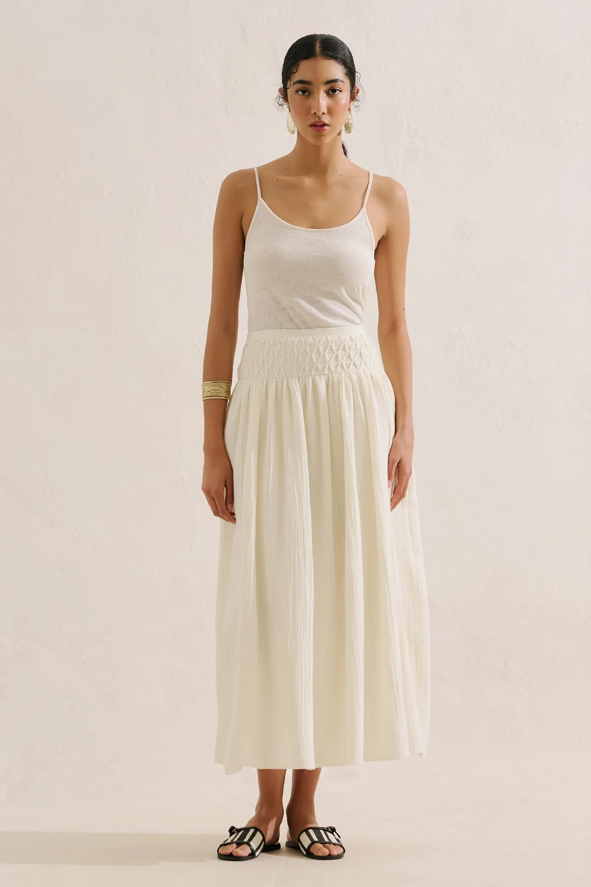 Embroidered Muslin Flowing Skirt Ecru - Image 4