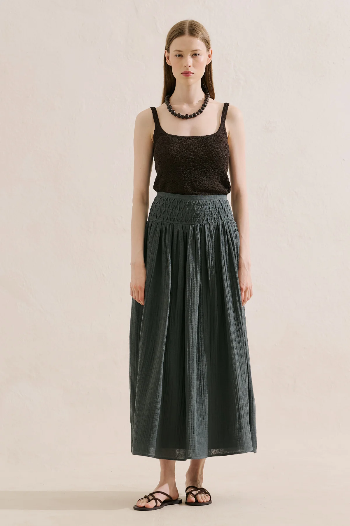 Embroidered Muslin Flowing Skirt Dark Green - Image 2