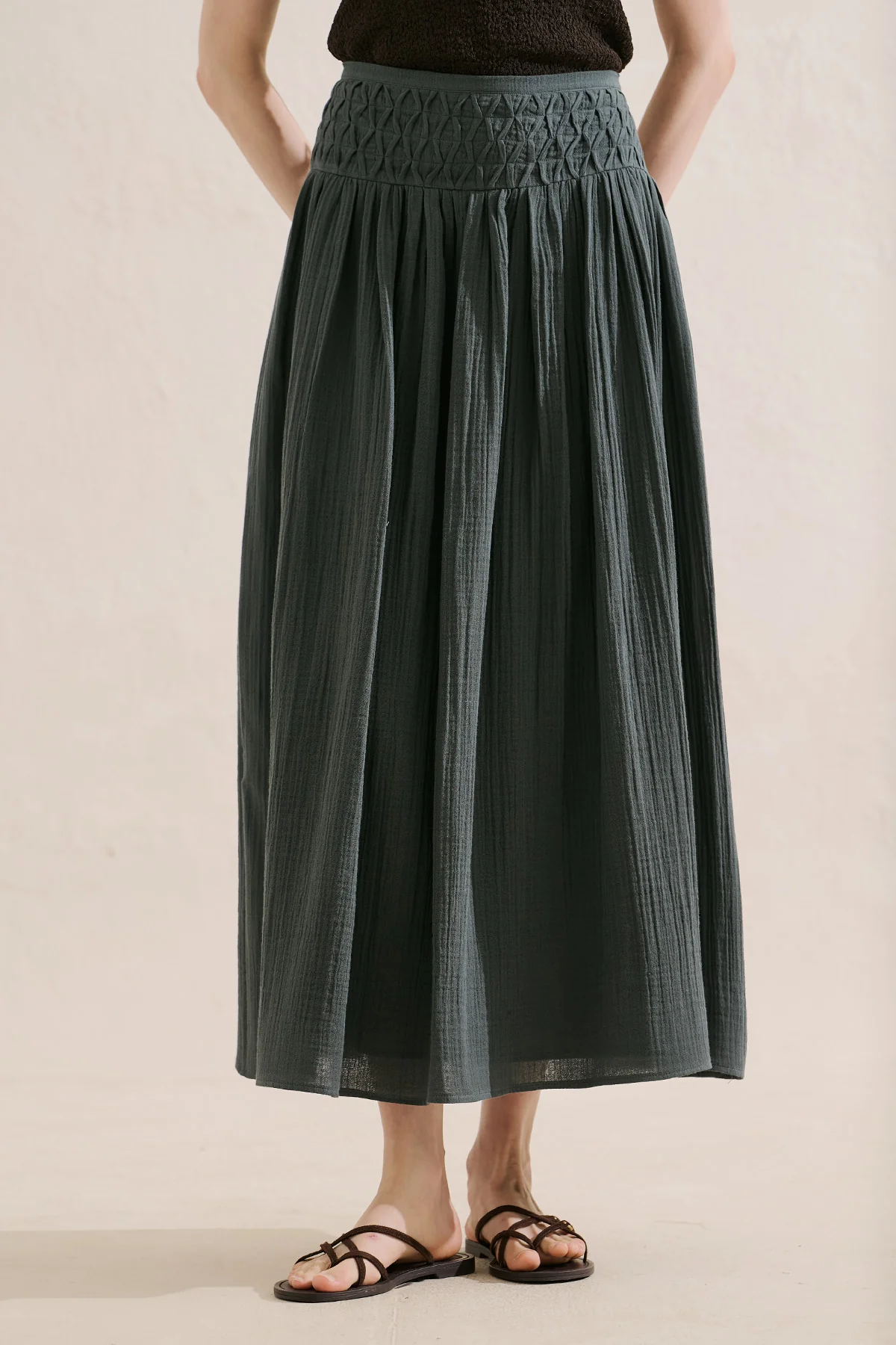 Embroidered Muslin Flowing Skirt Dark Green - Image 3