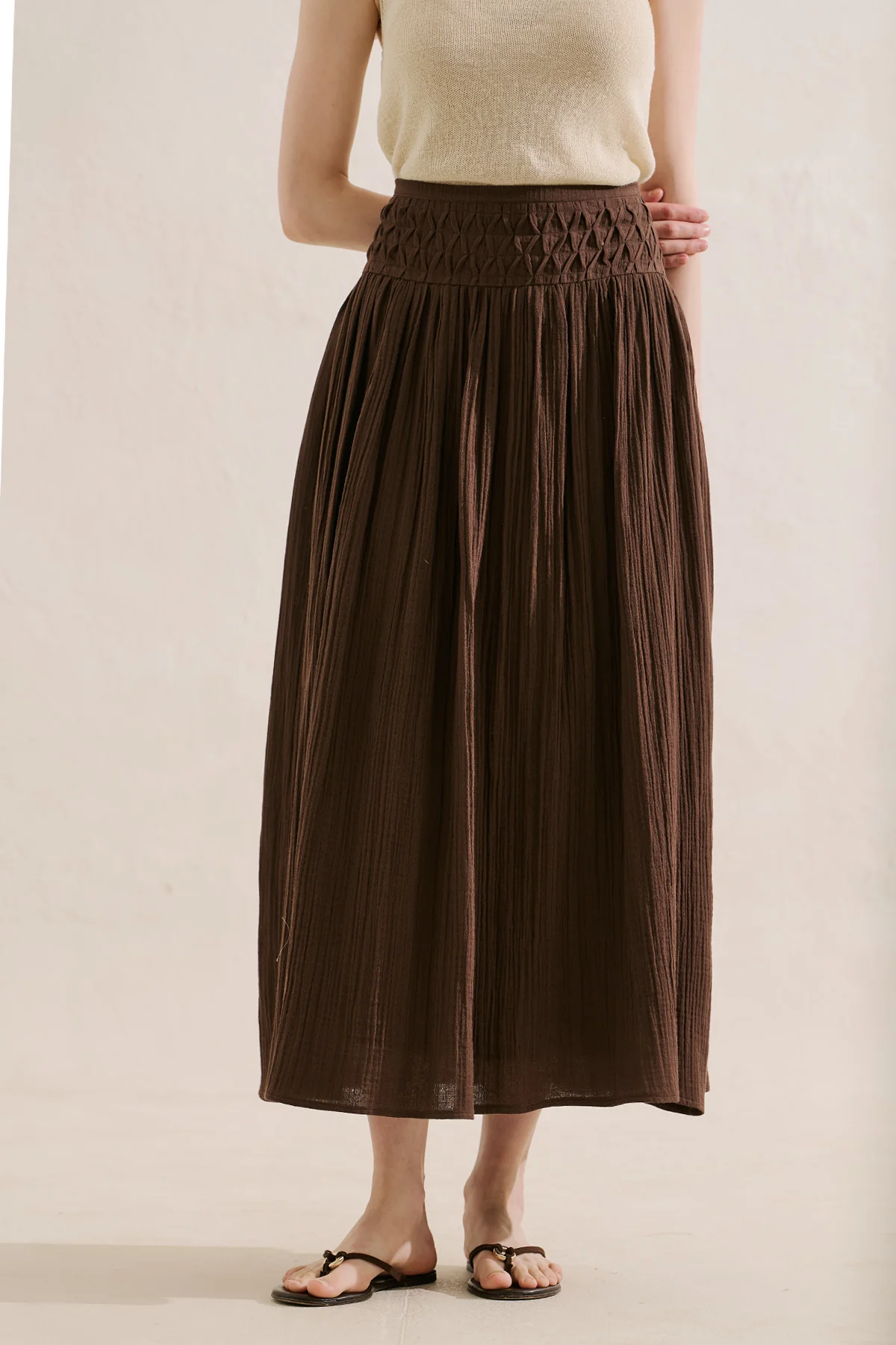 Embroidered Muslin Flowing Skirt Dusty Brown - Image 4
