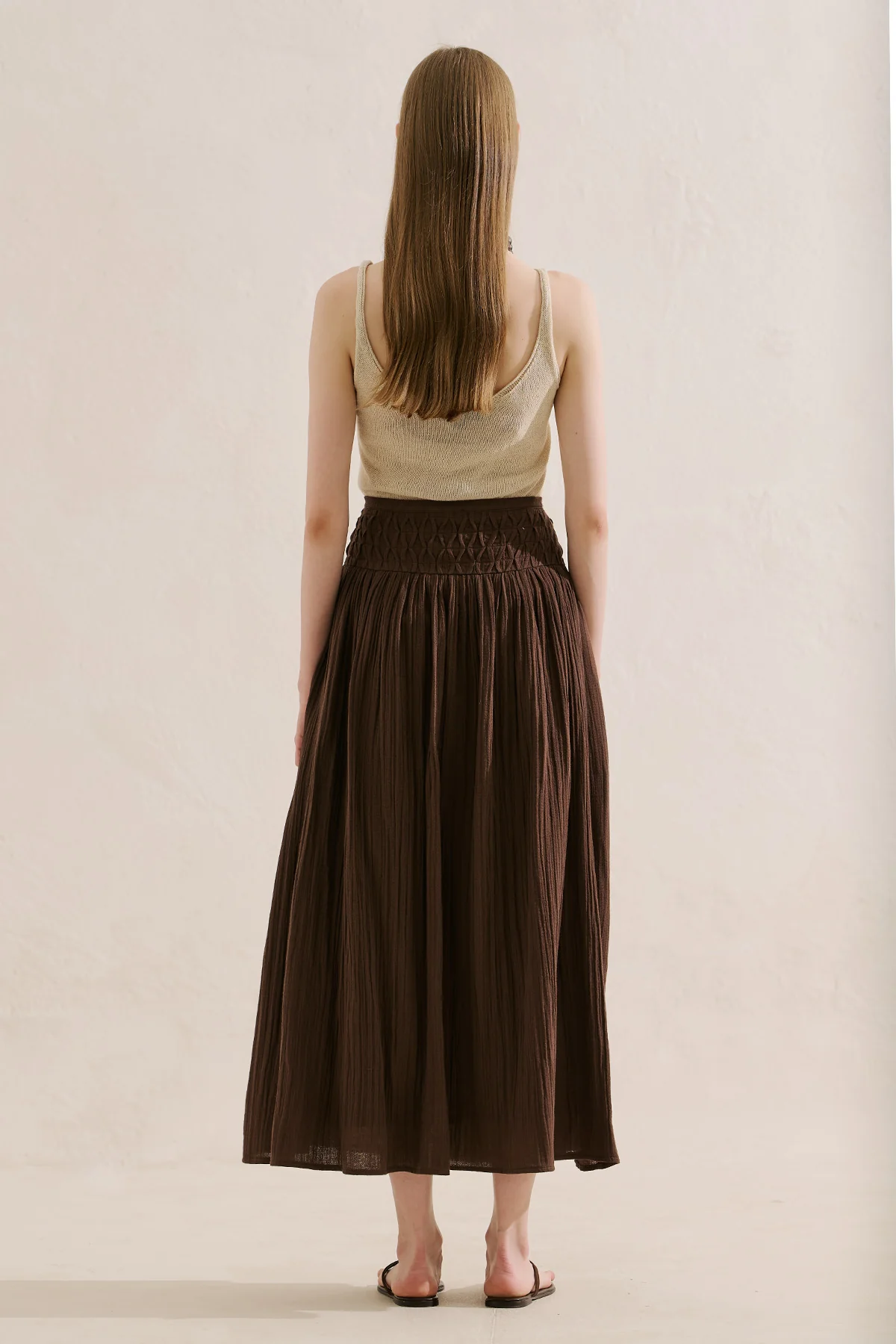 Embroidered Muslin Flowing Skirt Dusty Brown - Image 6