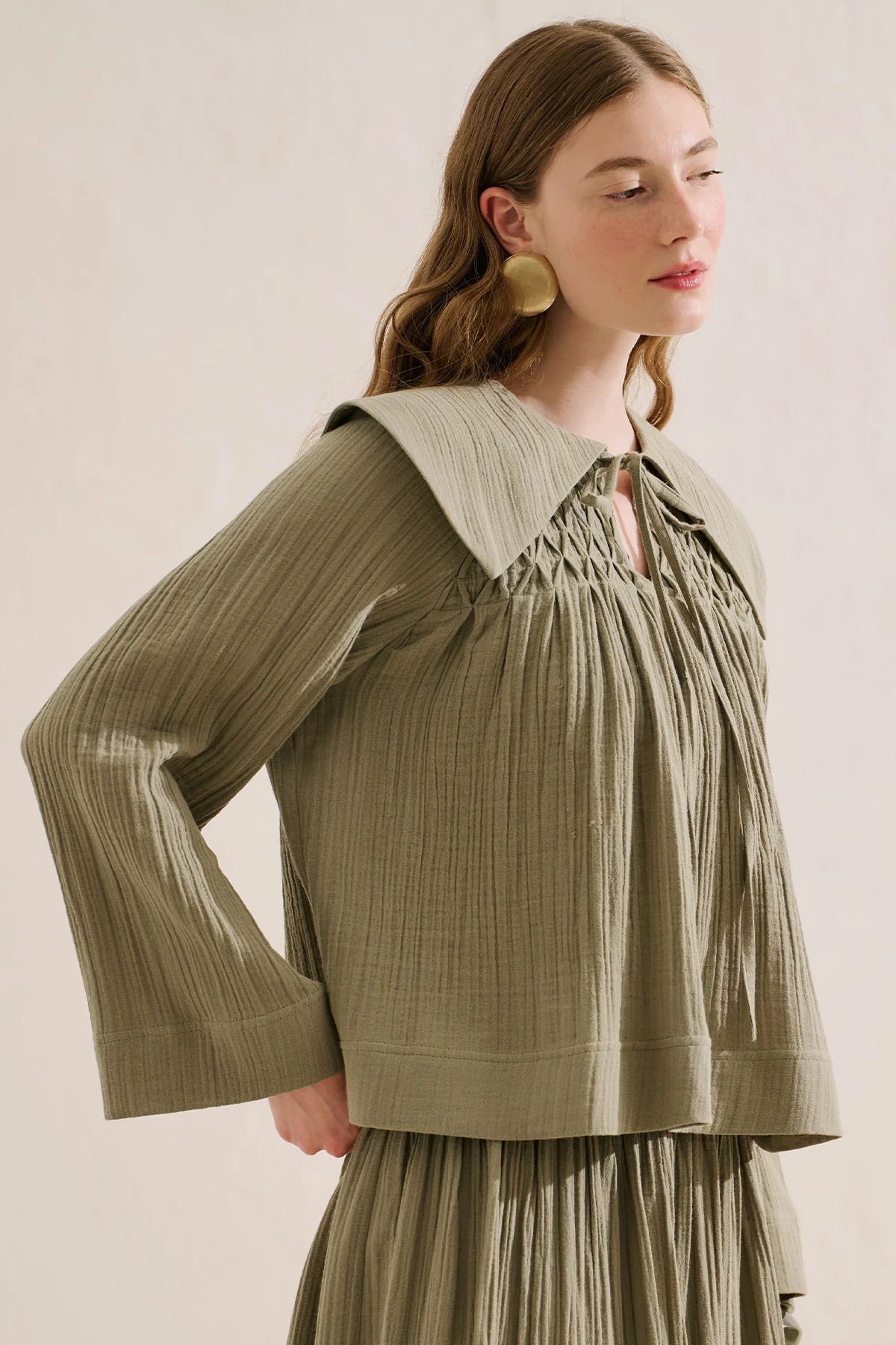 Embroidered Muslin Wide Collar Blouse Sage Green - Image 2