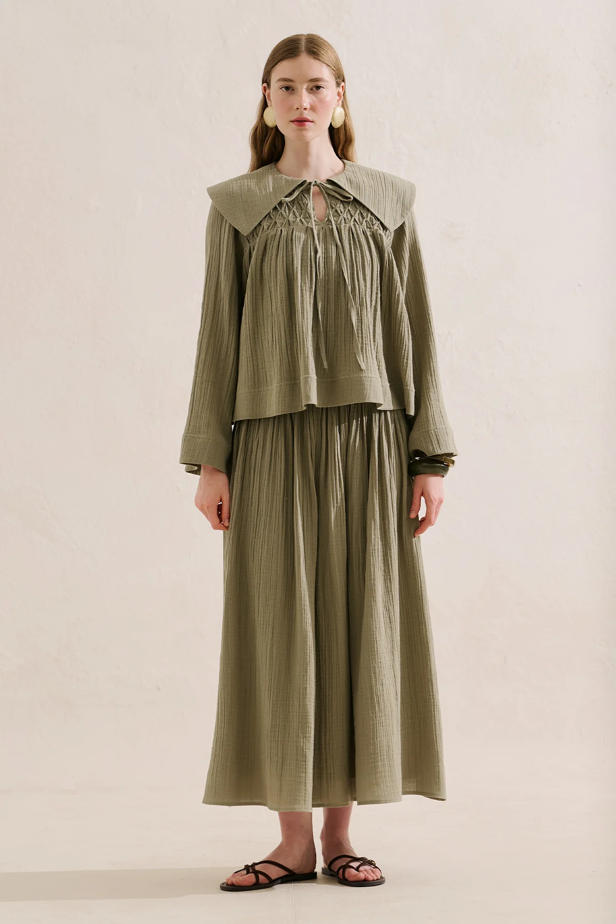 Embroidered Muslin Wide Collar Blouse Sage Green - Image 3