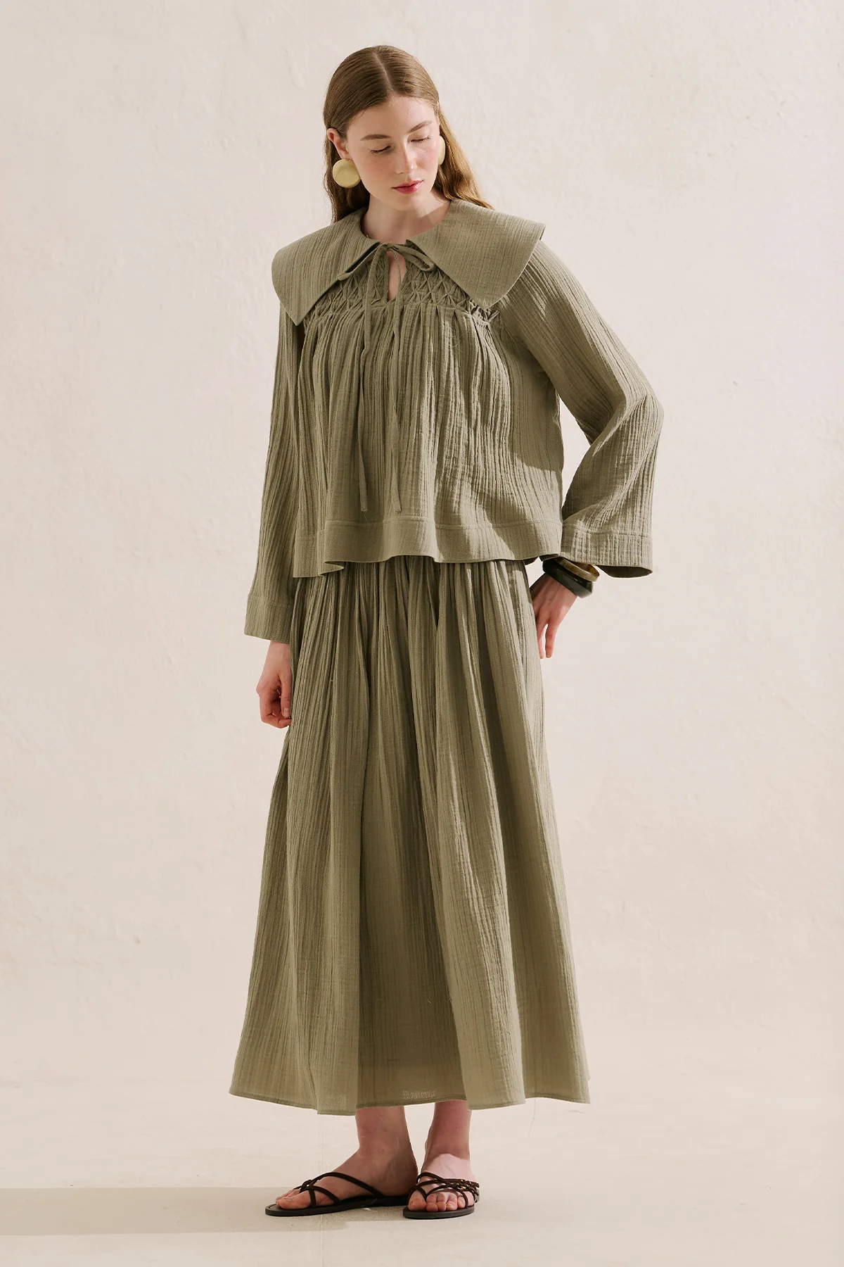 Embroidered Muslin Wide Collar Blouse Sage Green - Image 4
