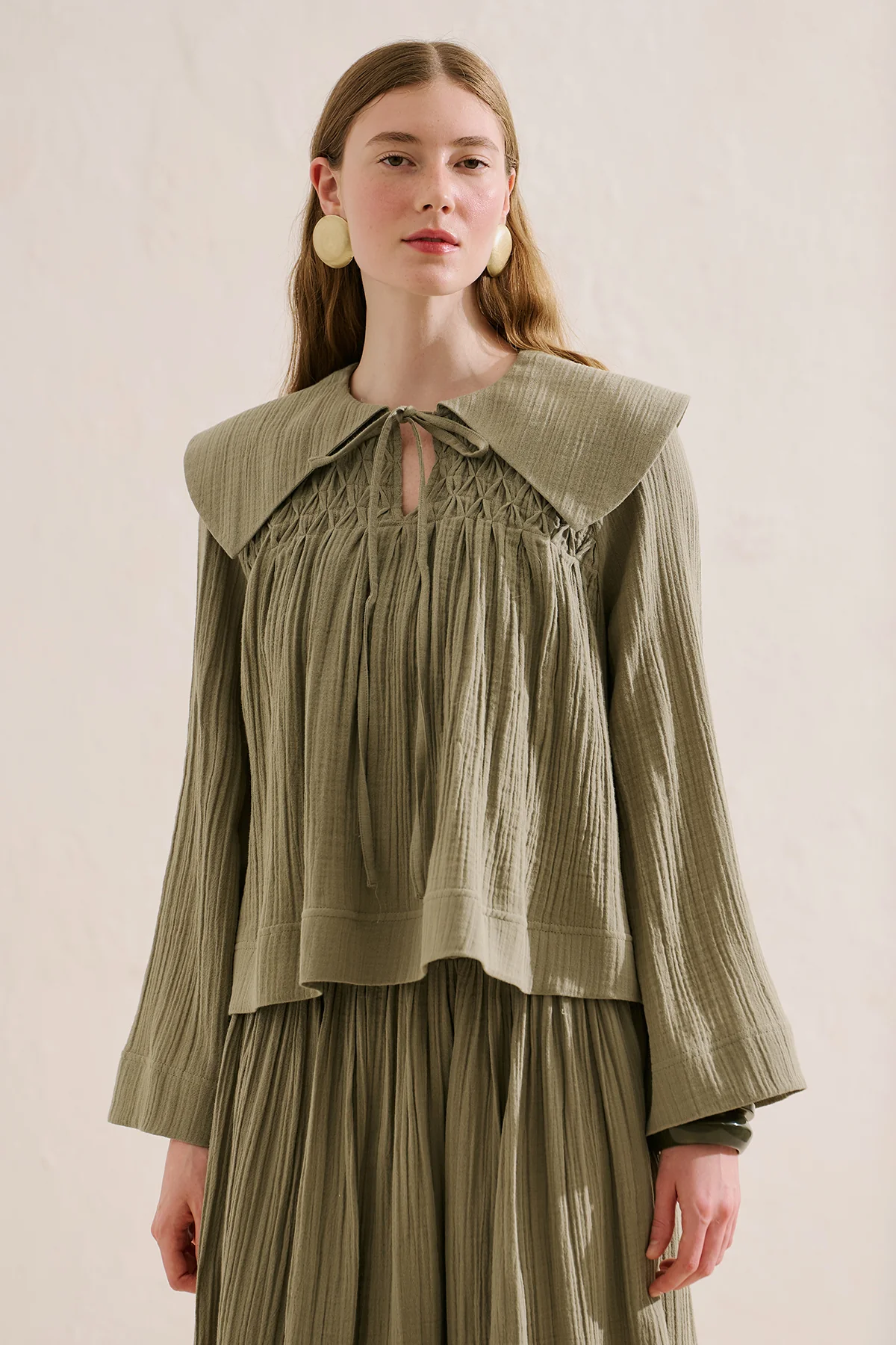 Embroidered Muslin Wide Collar Blouse Sage Green - Image 5