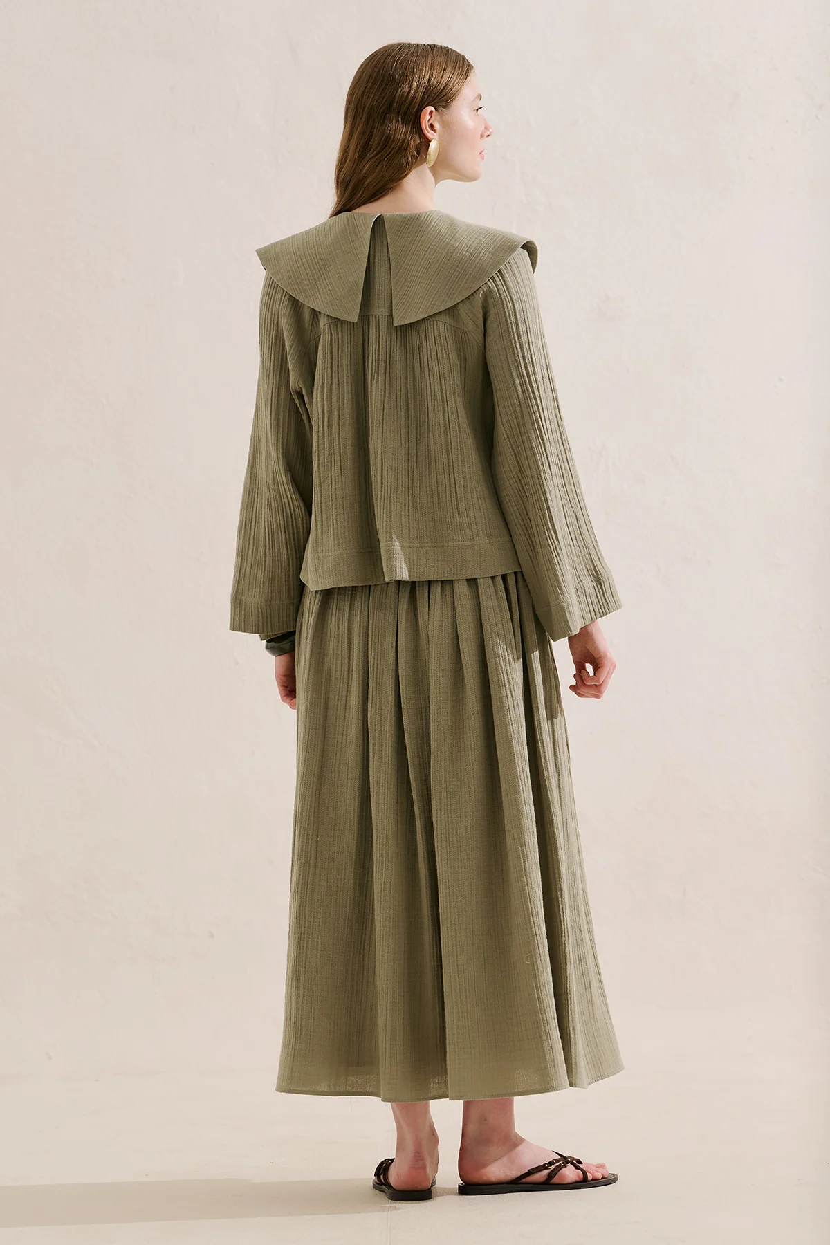 Embroidered Muslin Wide Collar Blouse Sage Green - Image 7