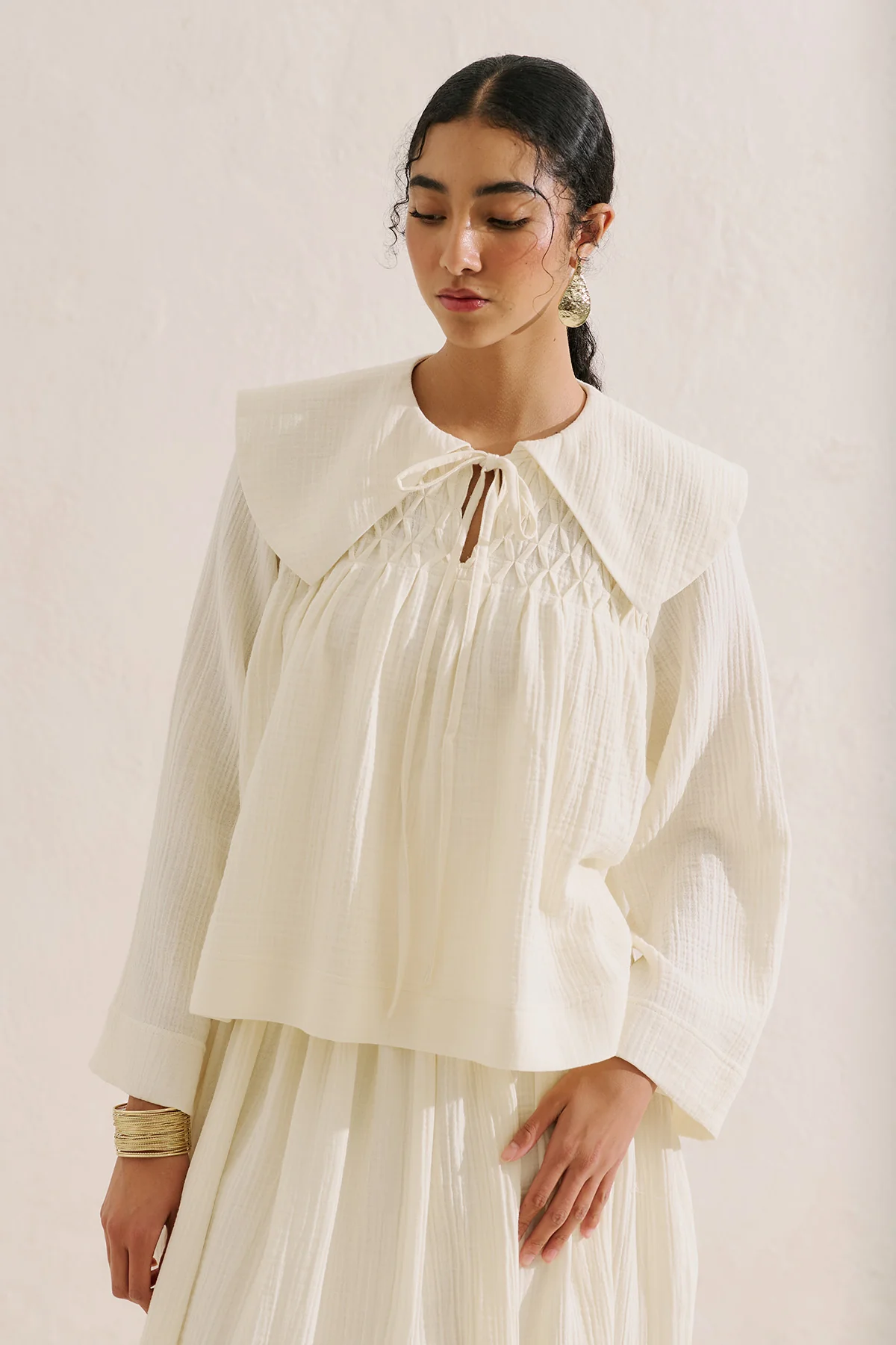 Embroidered Muslin Wide Collar Blouse Ecru - Image 4