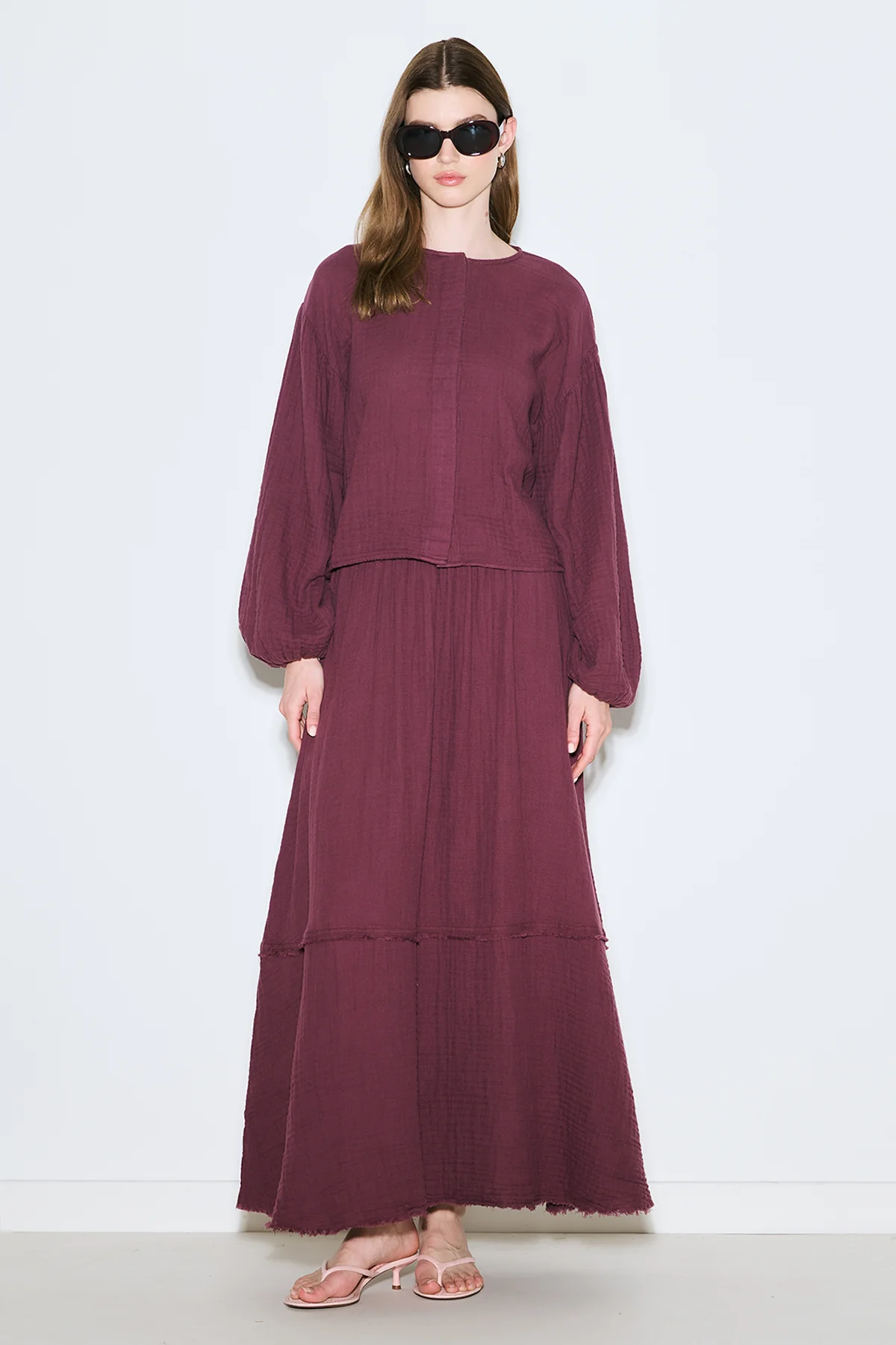 Muslin Puff-Sleeve Crop Blouse Damson - Image 2