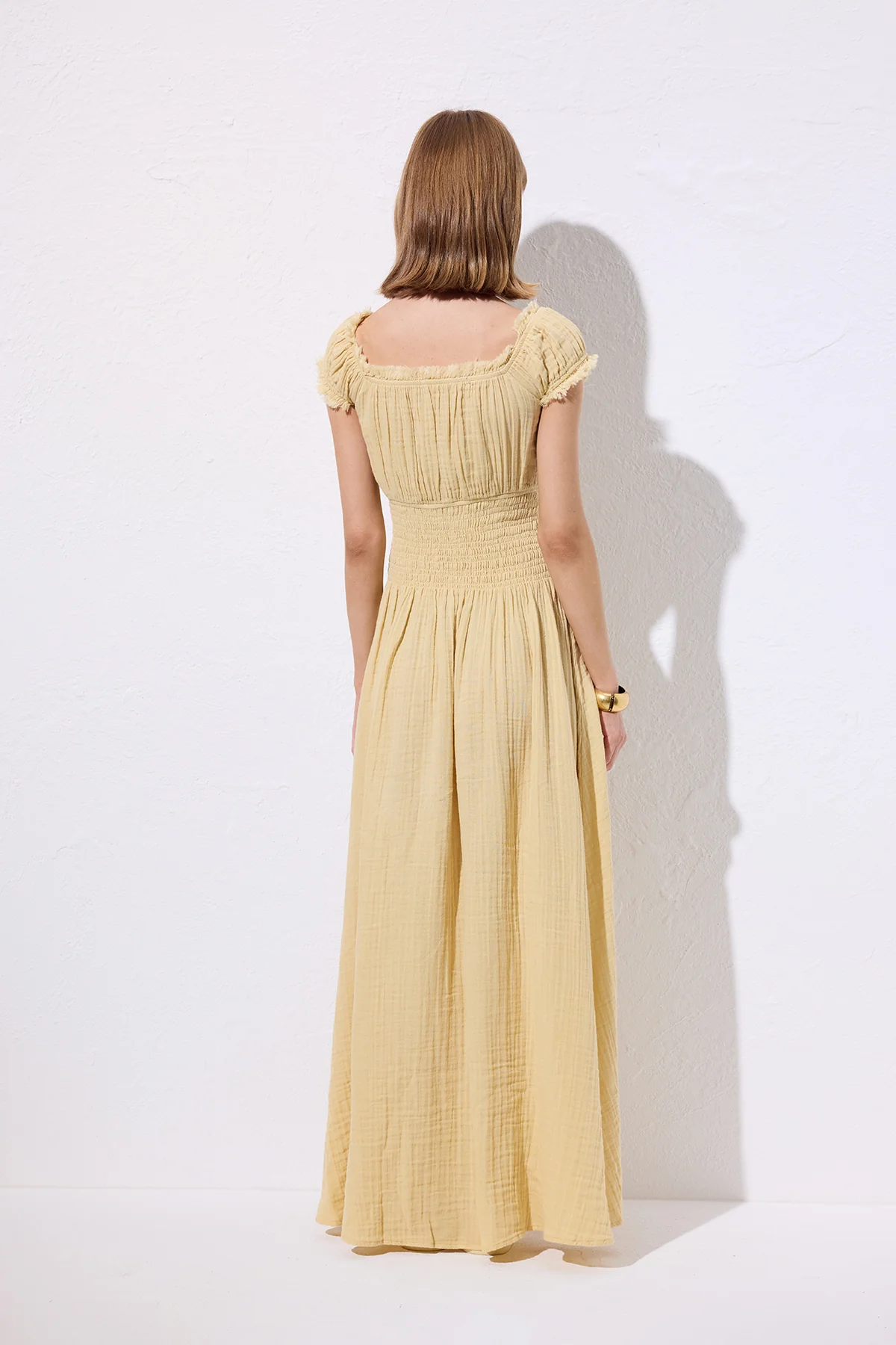 Muslin Ruched Dress Yellow - Image 6