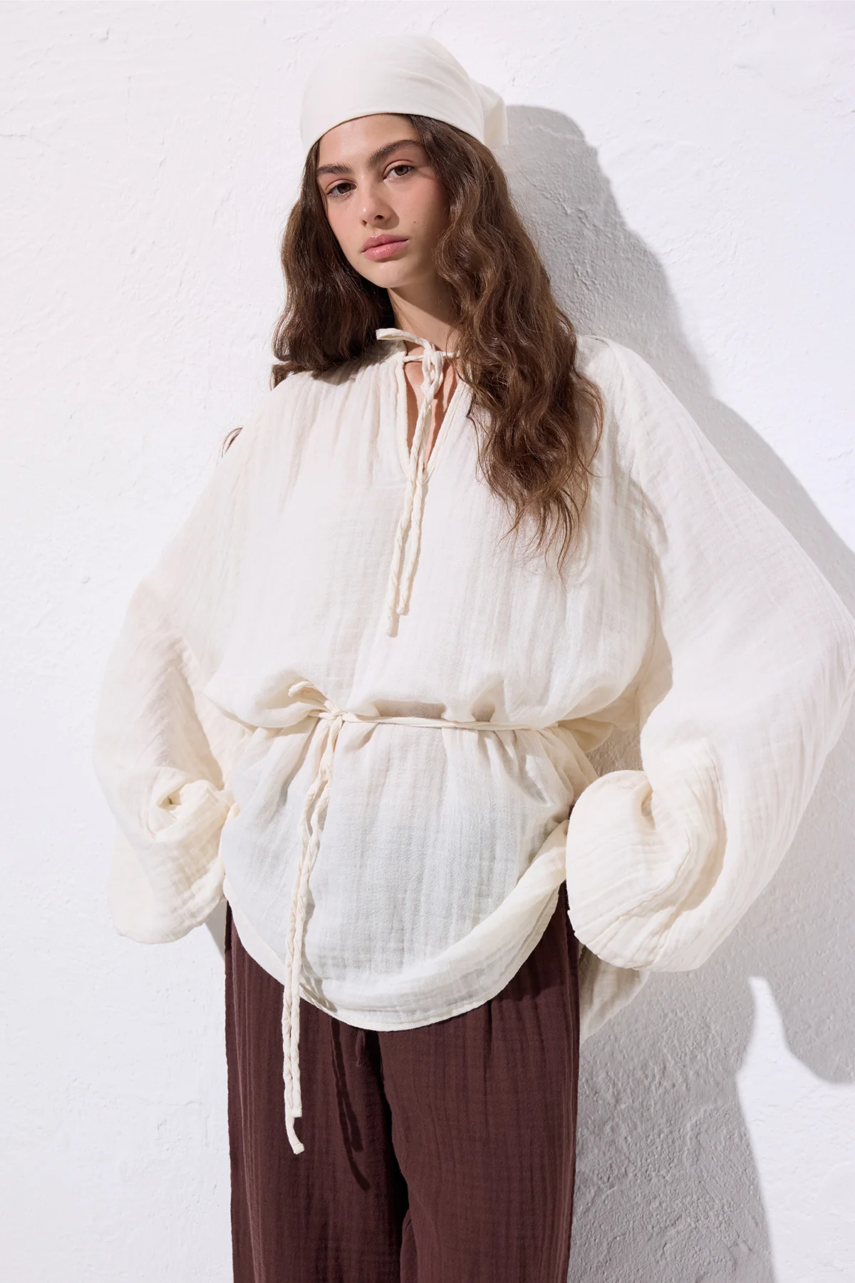 Muslin Tie Blouse Beige