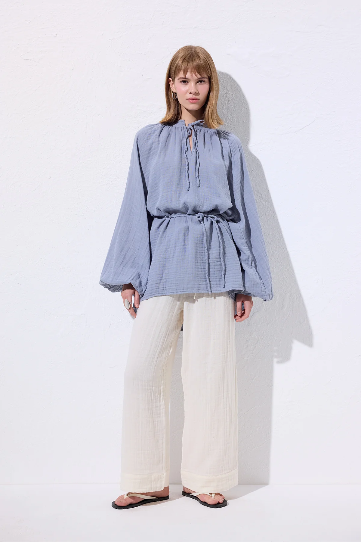 Muslin Tie Blouse Blue - Image 2