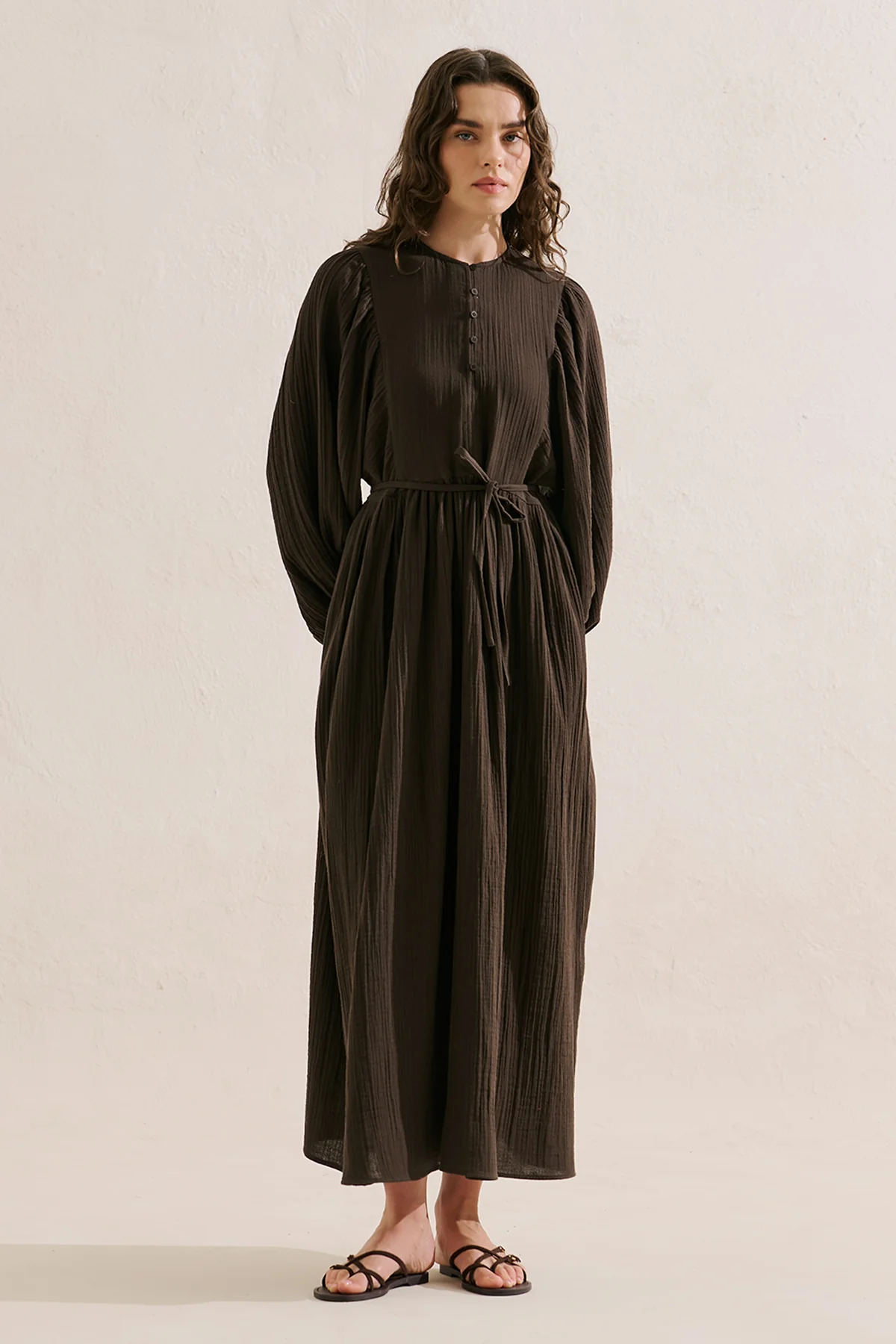 Muslin Voluminous Maxi Dress Dark Brown - Image 7