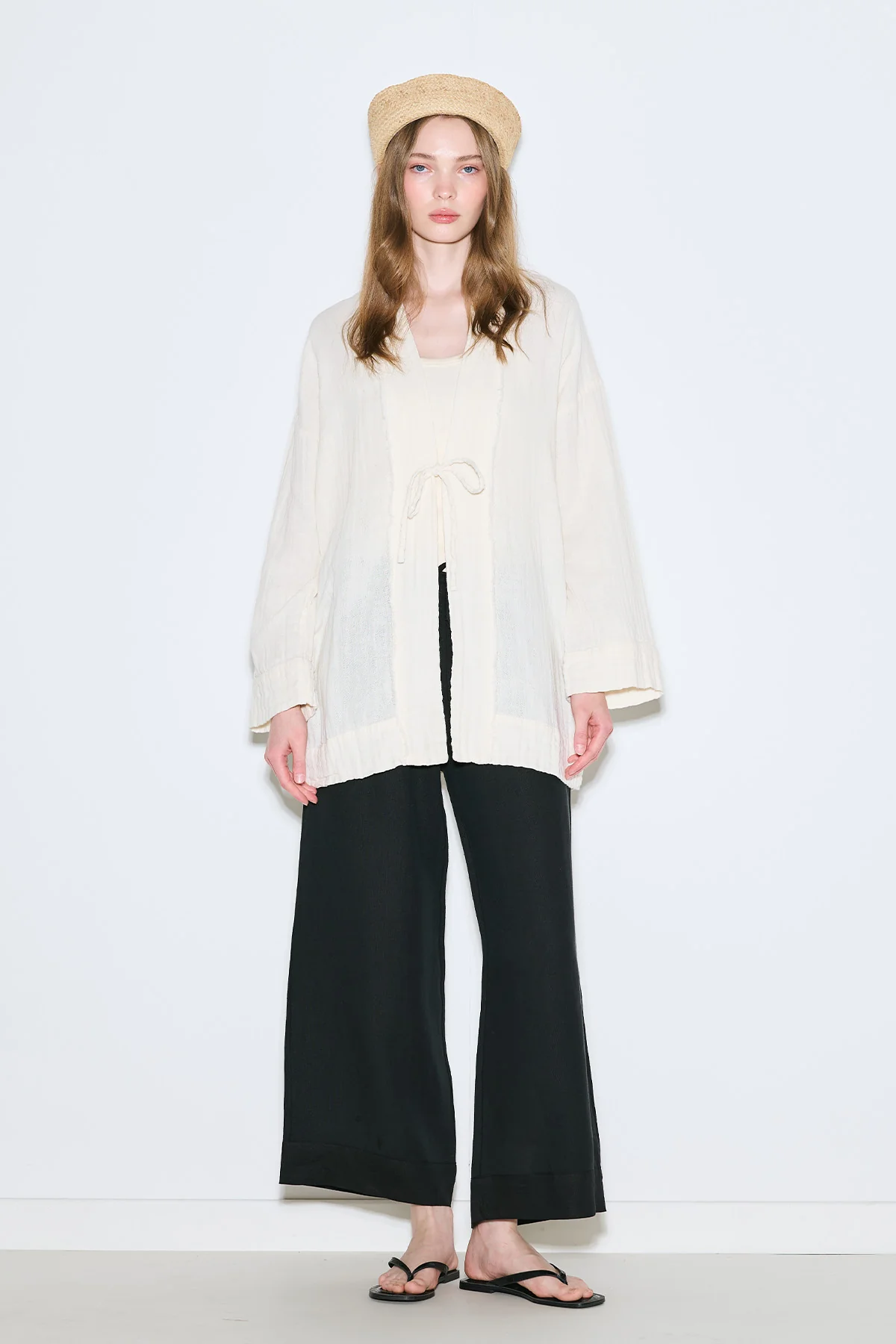 Muslin Wide-Sleeve Kimono Beige - Image 3