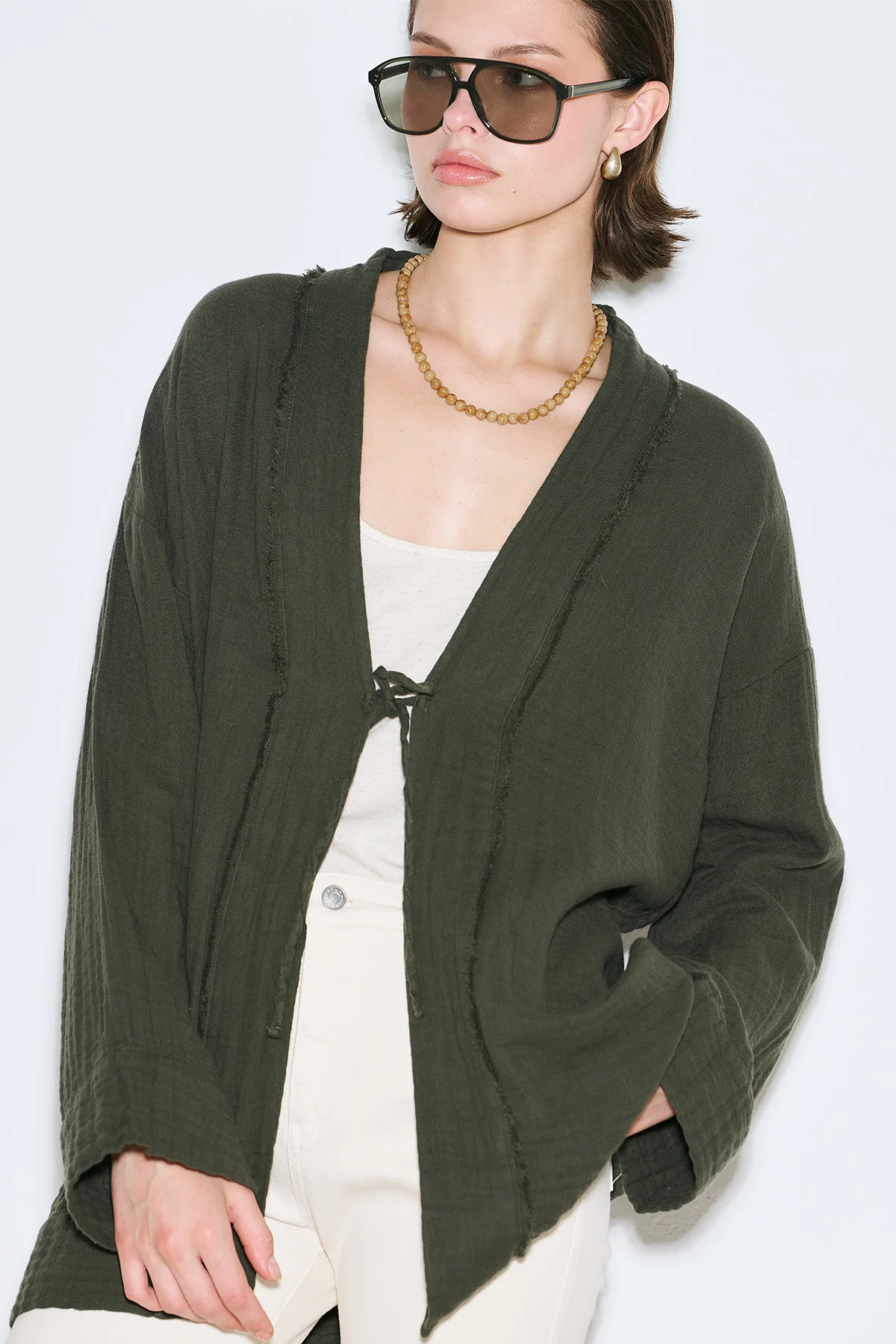 Muslin Wide-Sleeve Kimono Dark Green