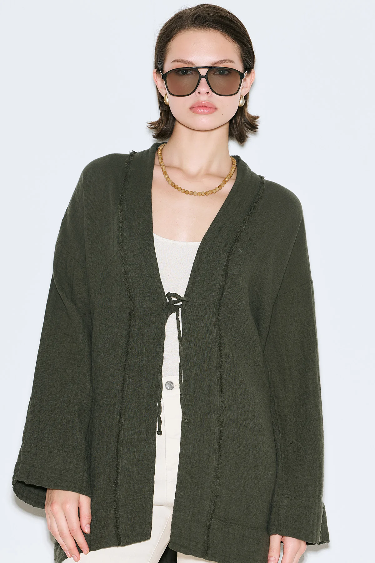 Muslin Wide-Sleeve Kimono Dark Green - Image 2