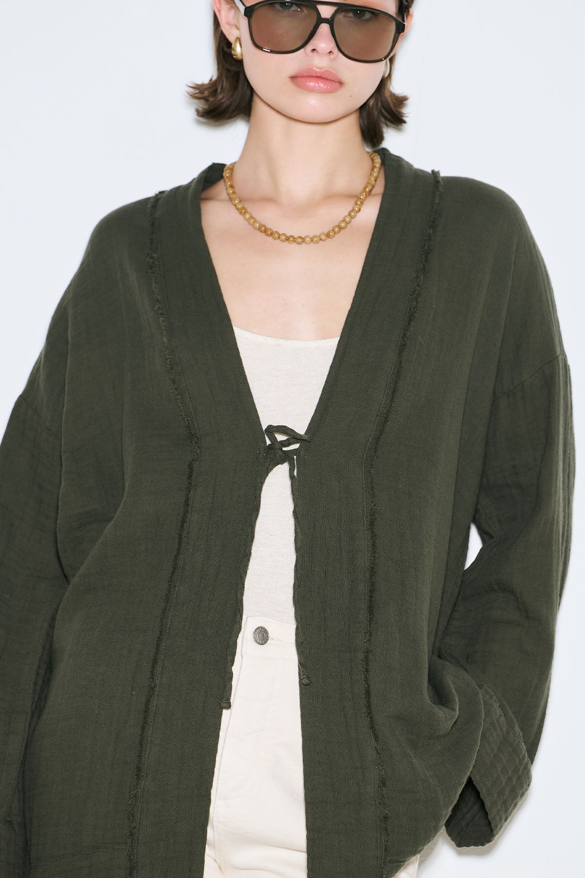 Muslin Wide-Sleeve Kimono Dark Green - Image 3