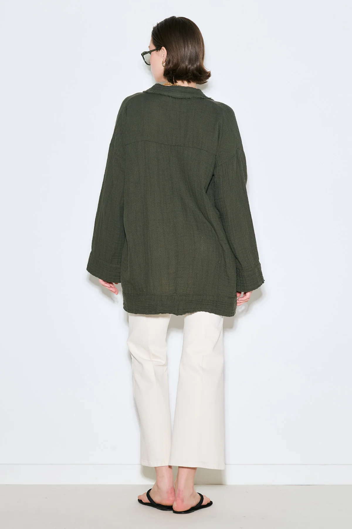 Muslin Wide-Sleeve Kimono Dark Green - Image 4