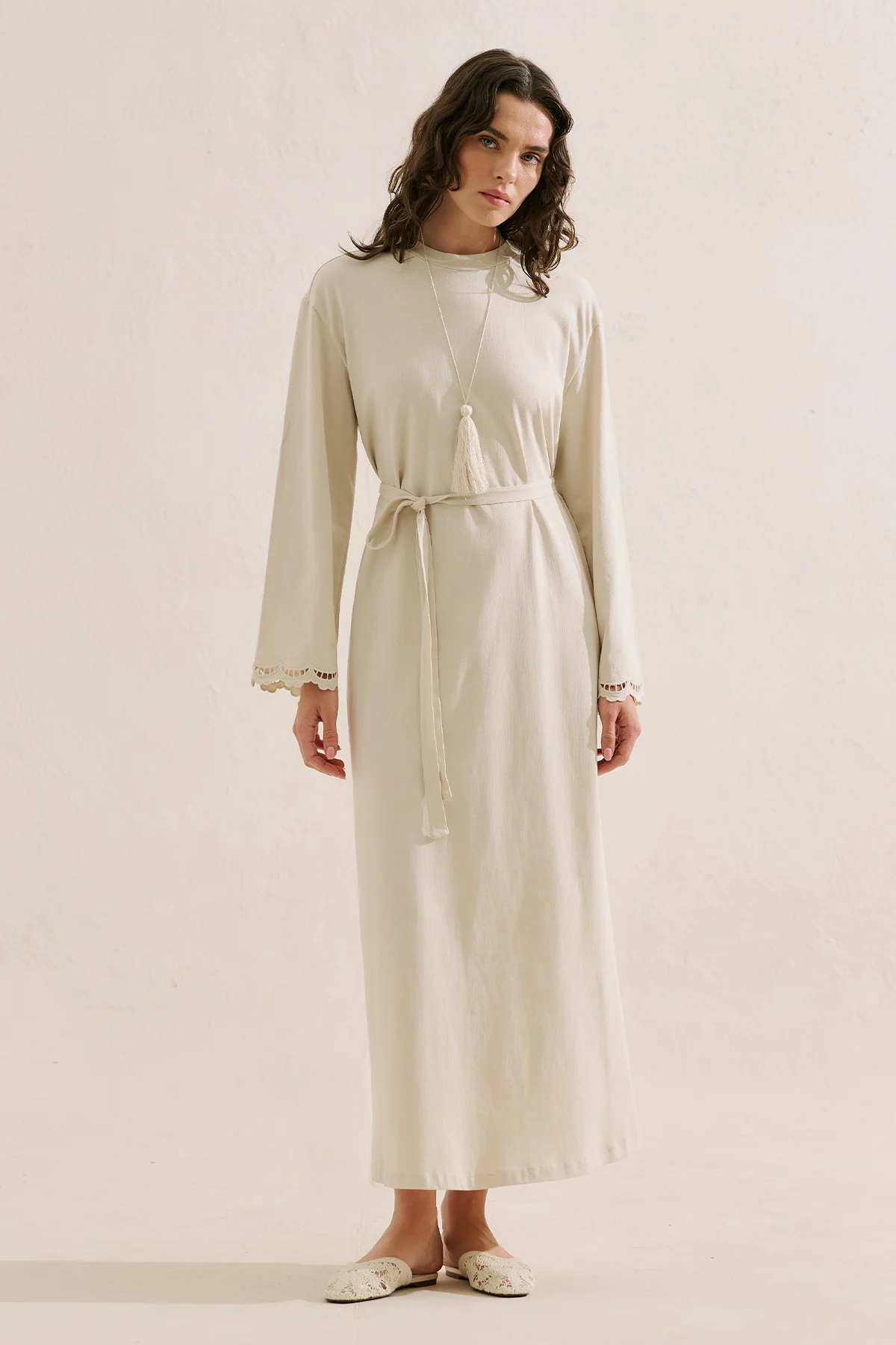 Embroidered Relaxed Dress Beige - Image 4