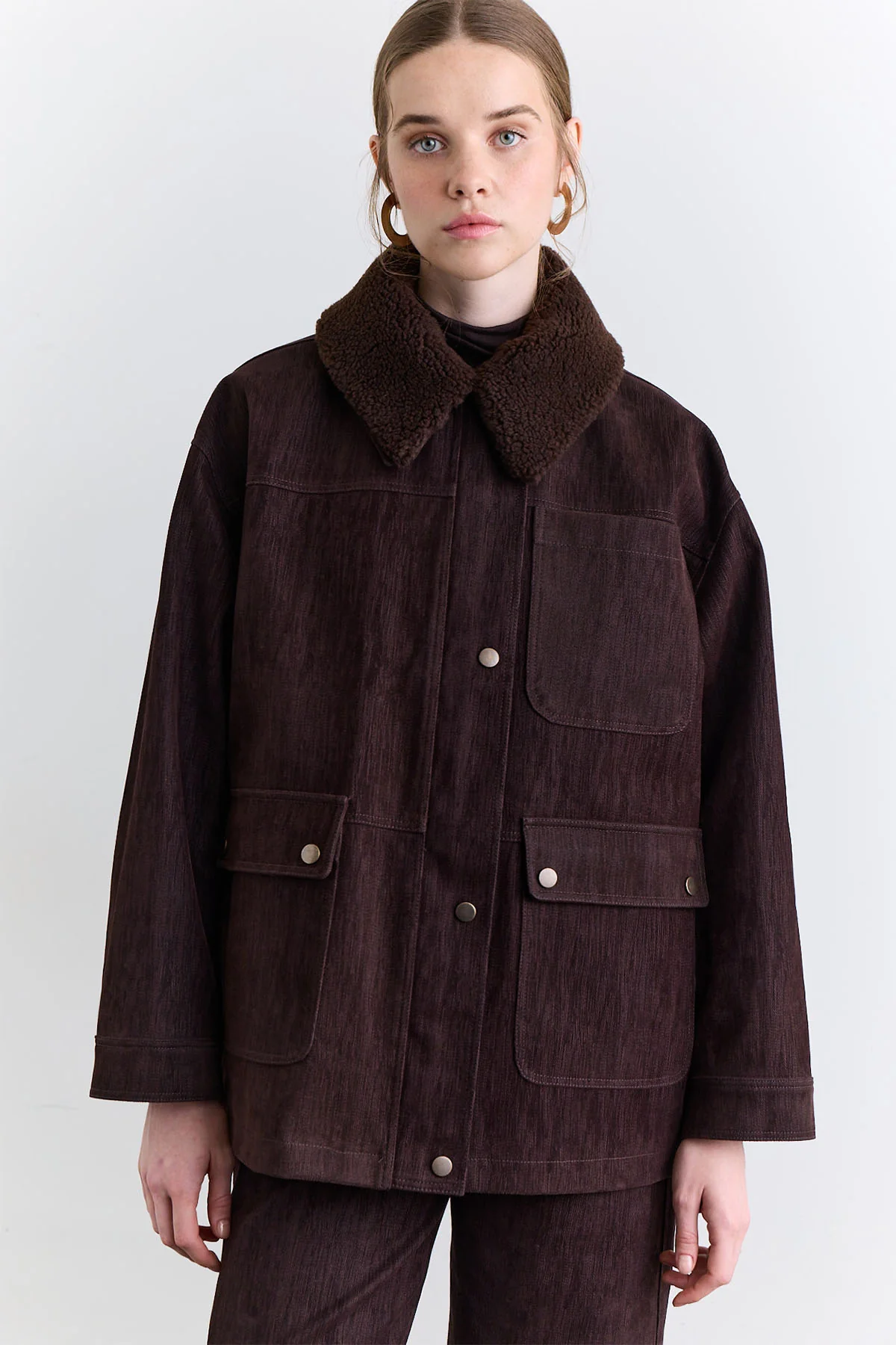 Natural Coat With Fur Collar Brown - Image 4