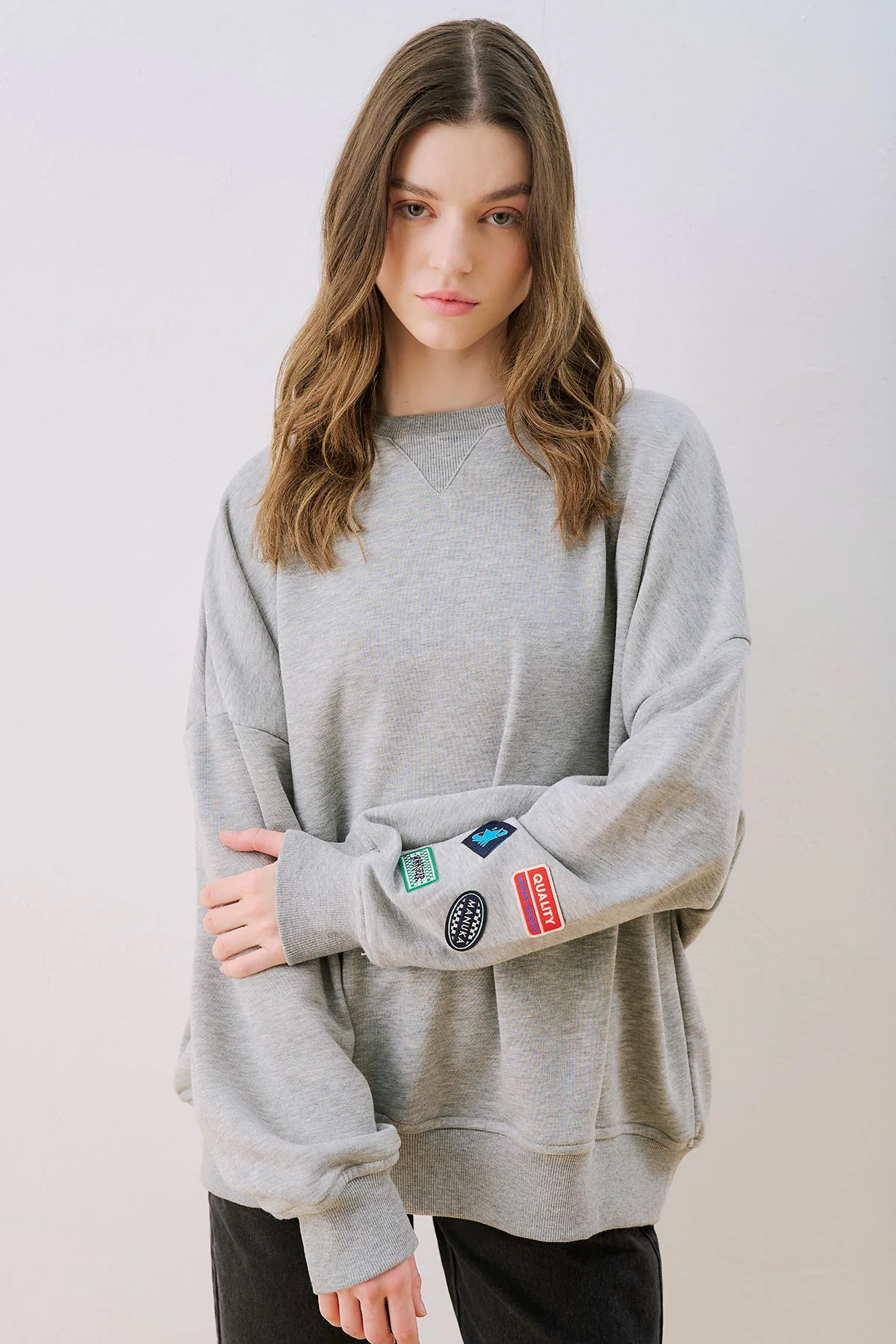 Oversized Sweatshirt With Label Detail Grey Melange