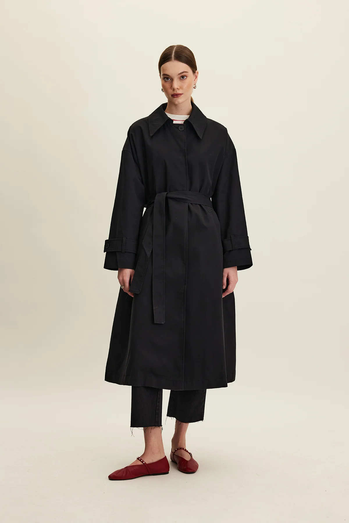 Oversized Belted Gabardine Trench Black - Image 4