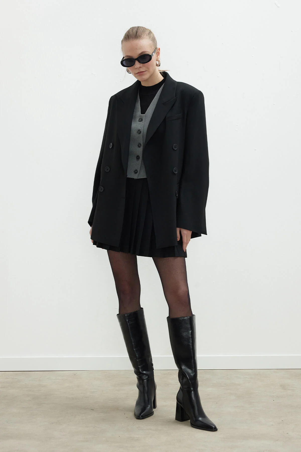 Oversized Double-Breasted Blazer Jacket Black - Image 7