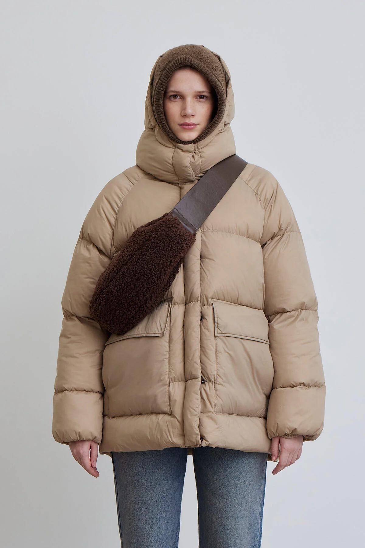 Oversized Pocket Detail Puffer Jacket Dark Beige - Image 4