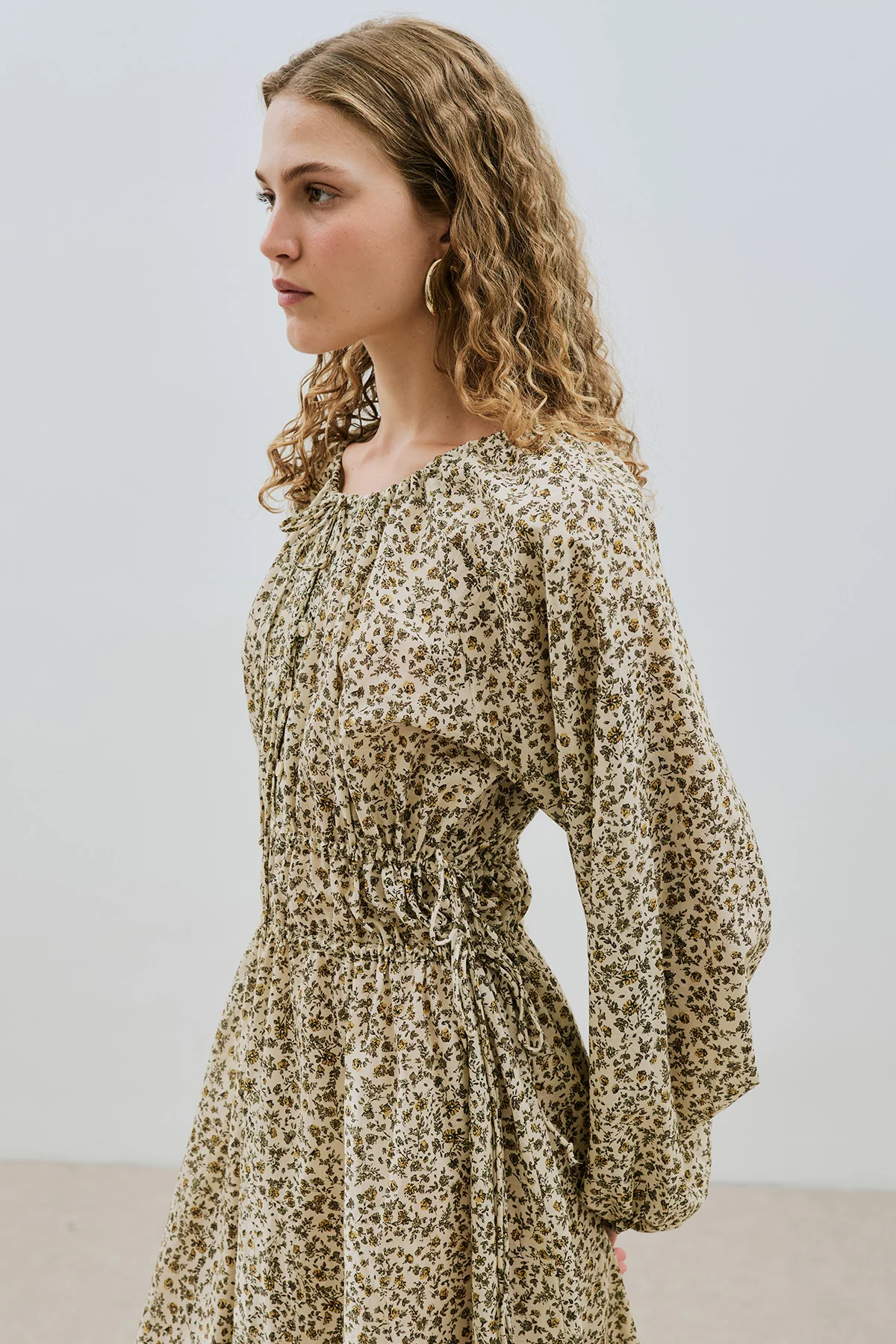 Patterned Cotton Ruched Dress Tiny Flower - Image 5