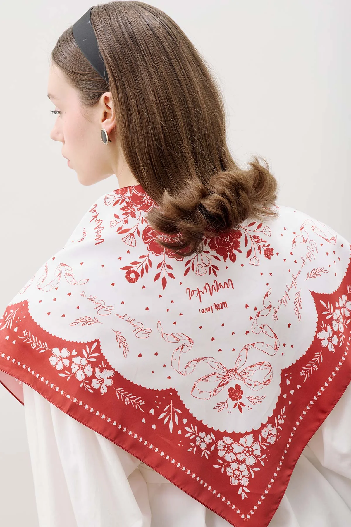 Patterned Mid-Size Satin Scarf Love - Image 5
