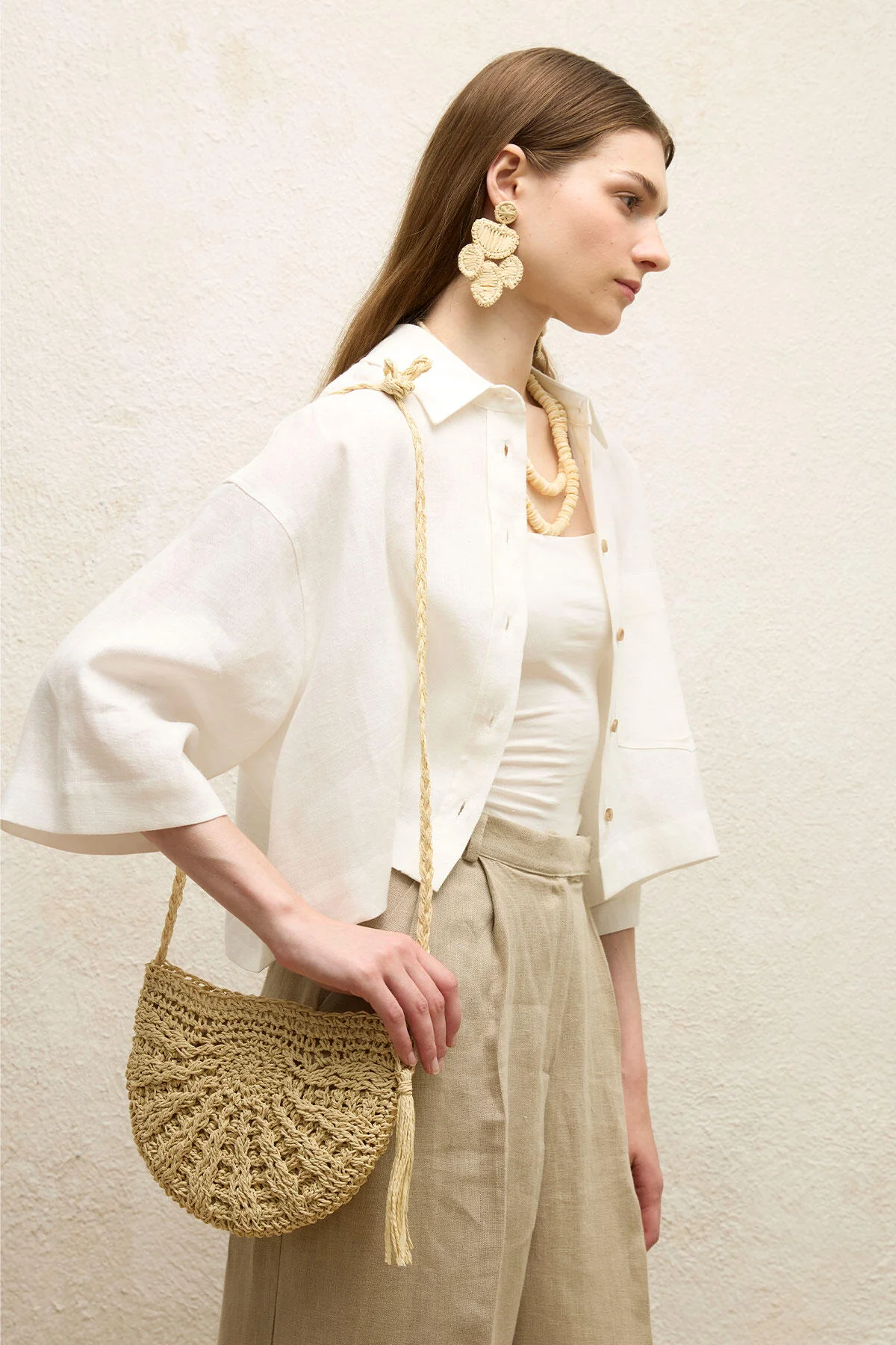 Patterned Straw Mini Bag Beige - Image 3