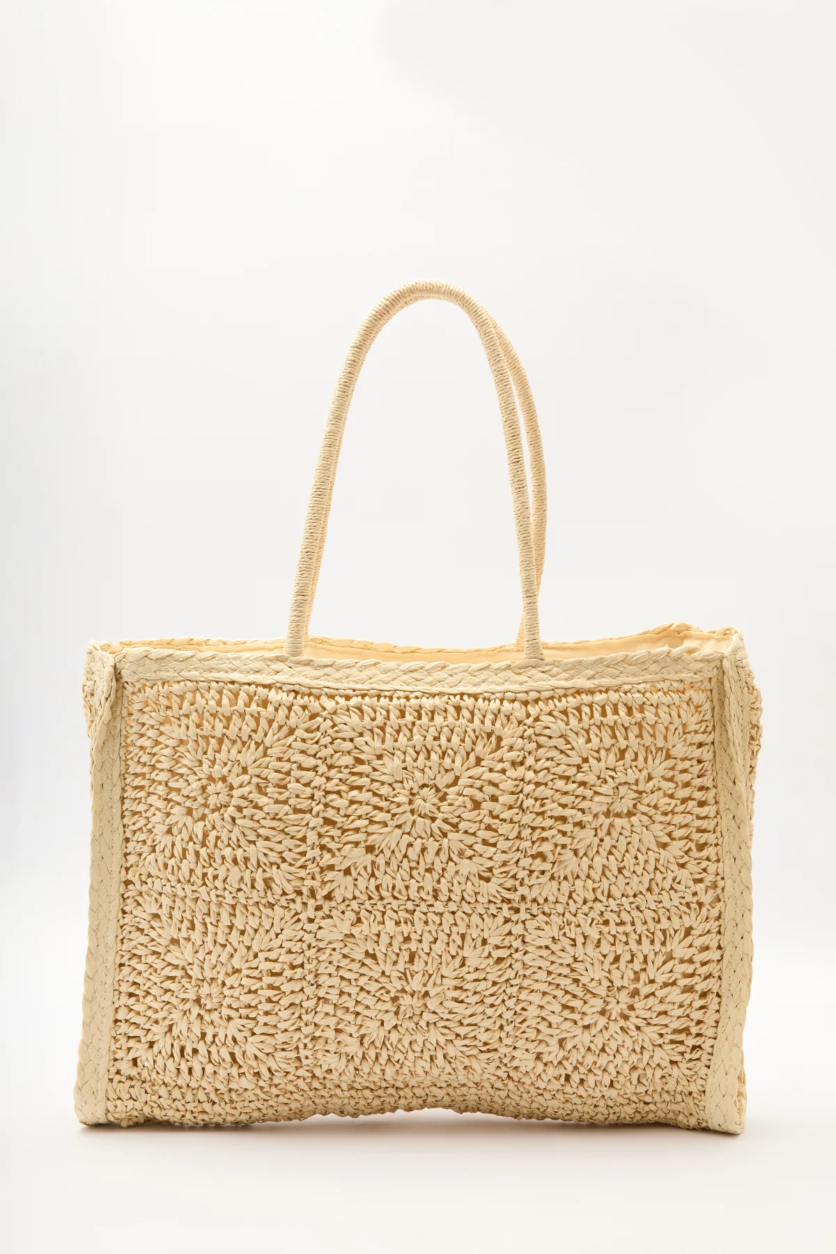Patterned Woven Large Bag Beige - Image 4