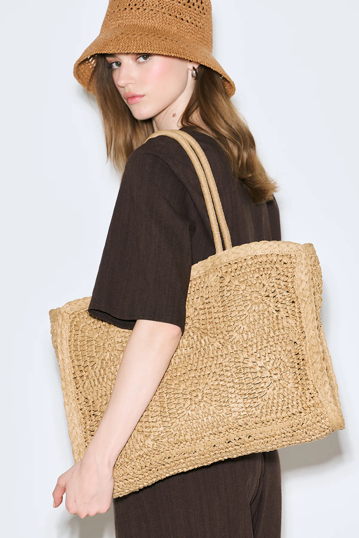 Patterned Woven Large Bag Natural
