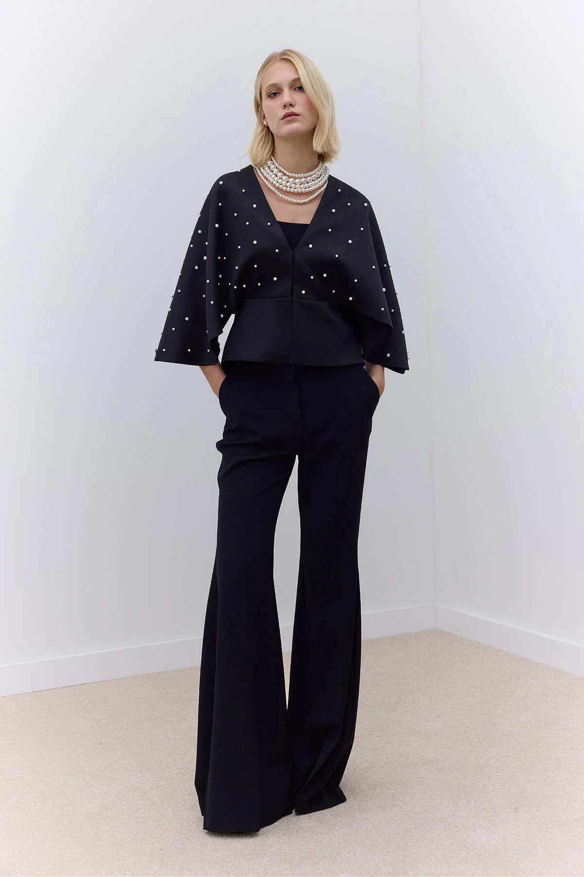 Pearl Embellished Evening Kimono Black - Image 2