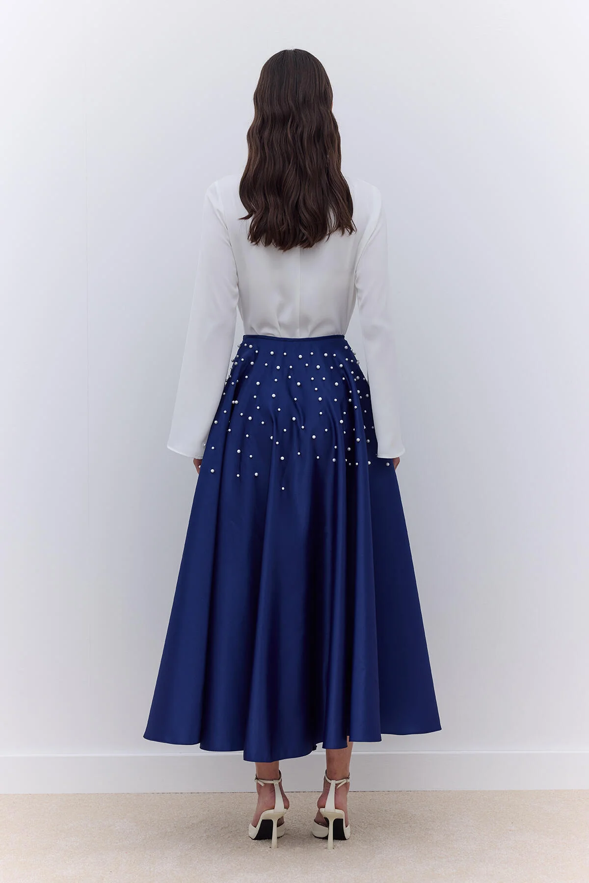 Pearl Embellished Flared Evening Skirt Night Blue - Image 6