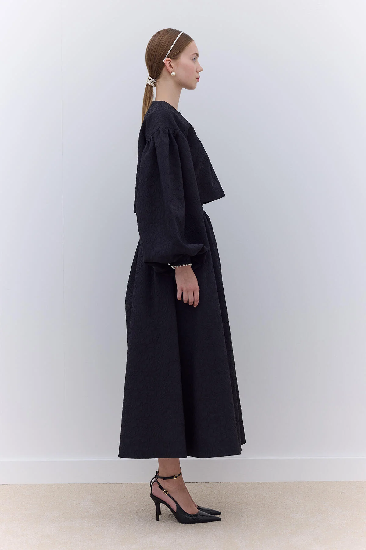 Pearl Embellished Jacquard Skirt Black - Image 4