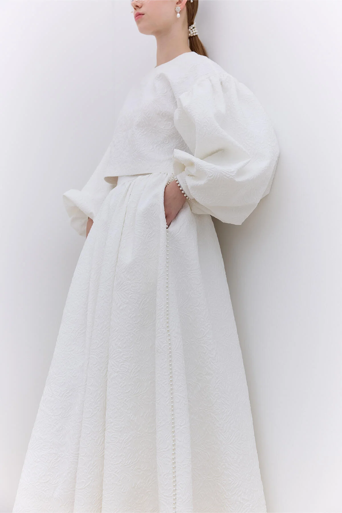 Pearl Embellished Jacquard Skirt Ecru - Image 5