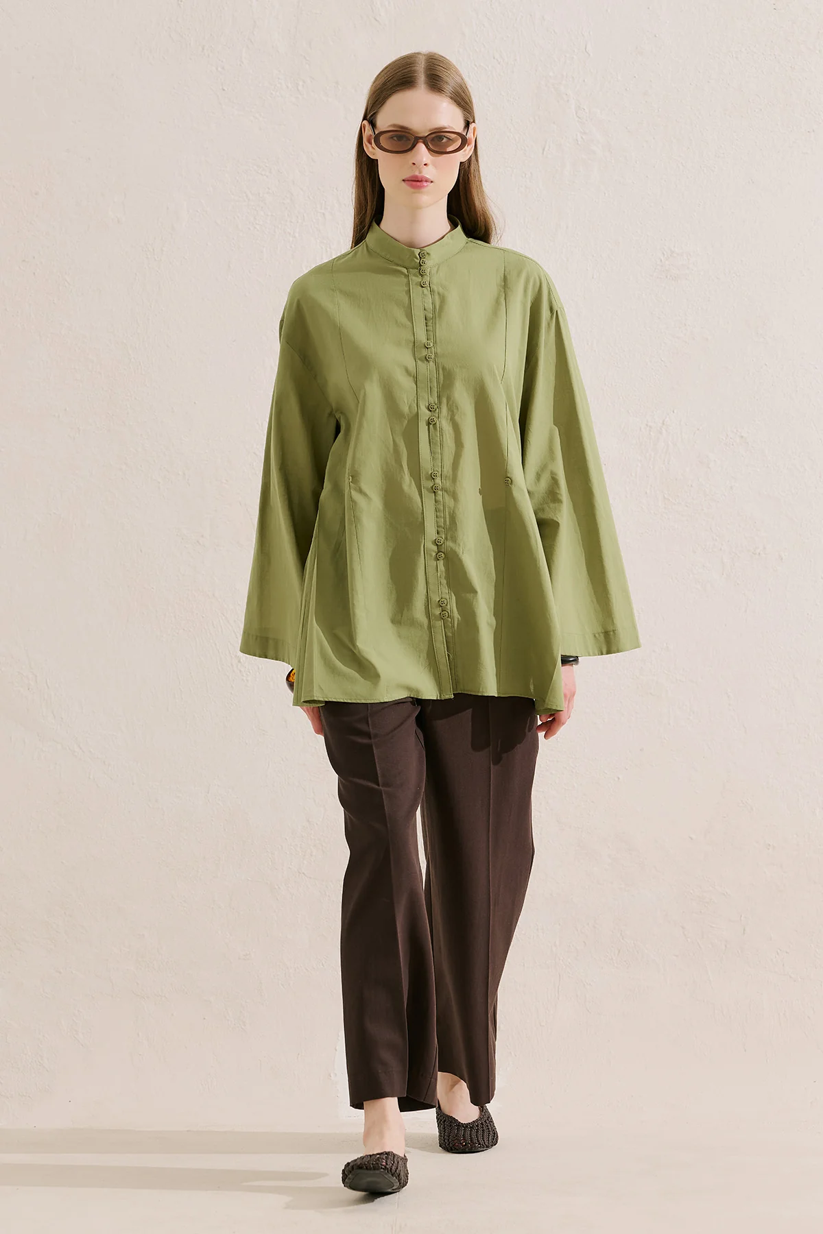 Layered Pleat Buttoned Shirt Grass Green