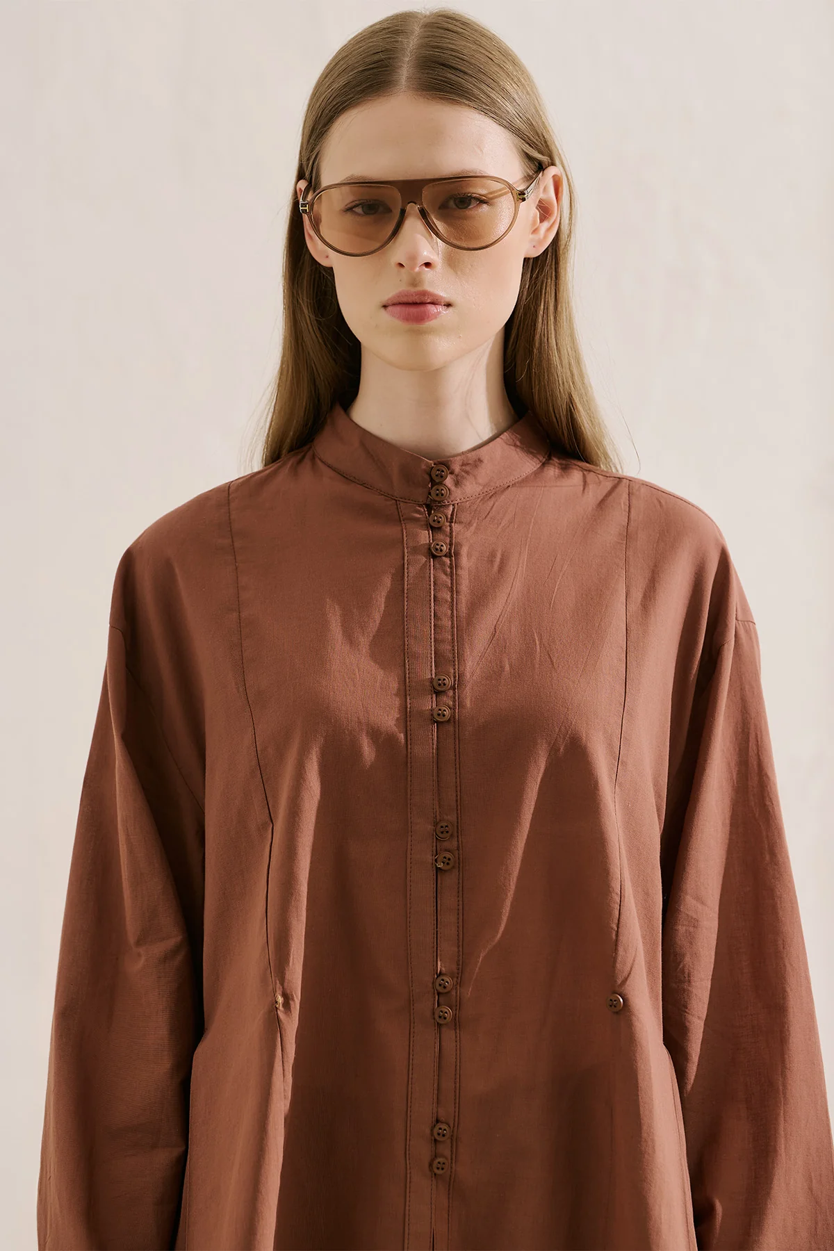 Layered Pleat Buttoned Shirt Warm Brown - Image 2