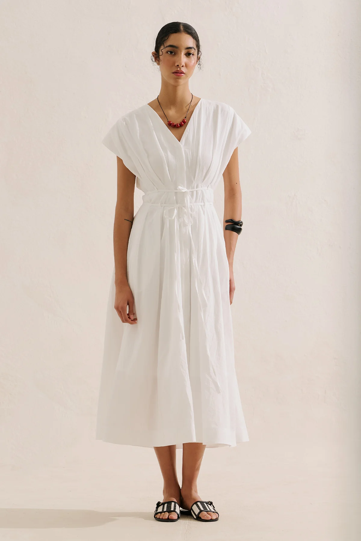Pleated Dress With Belt Detail Ecru