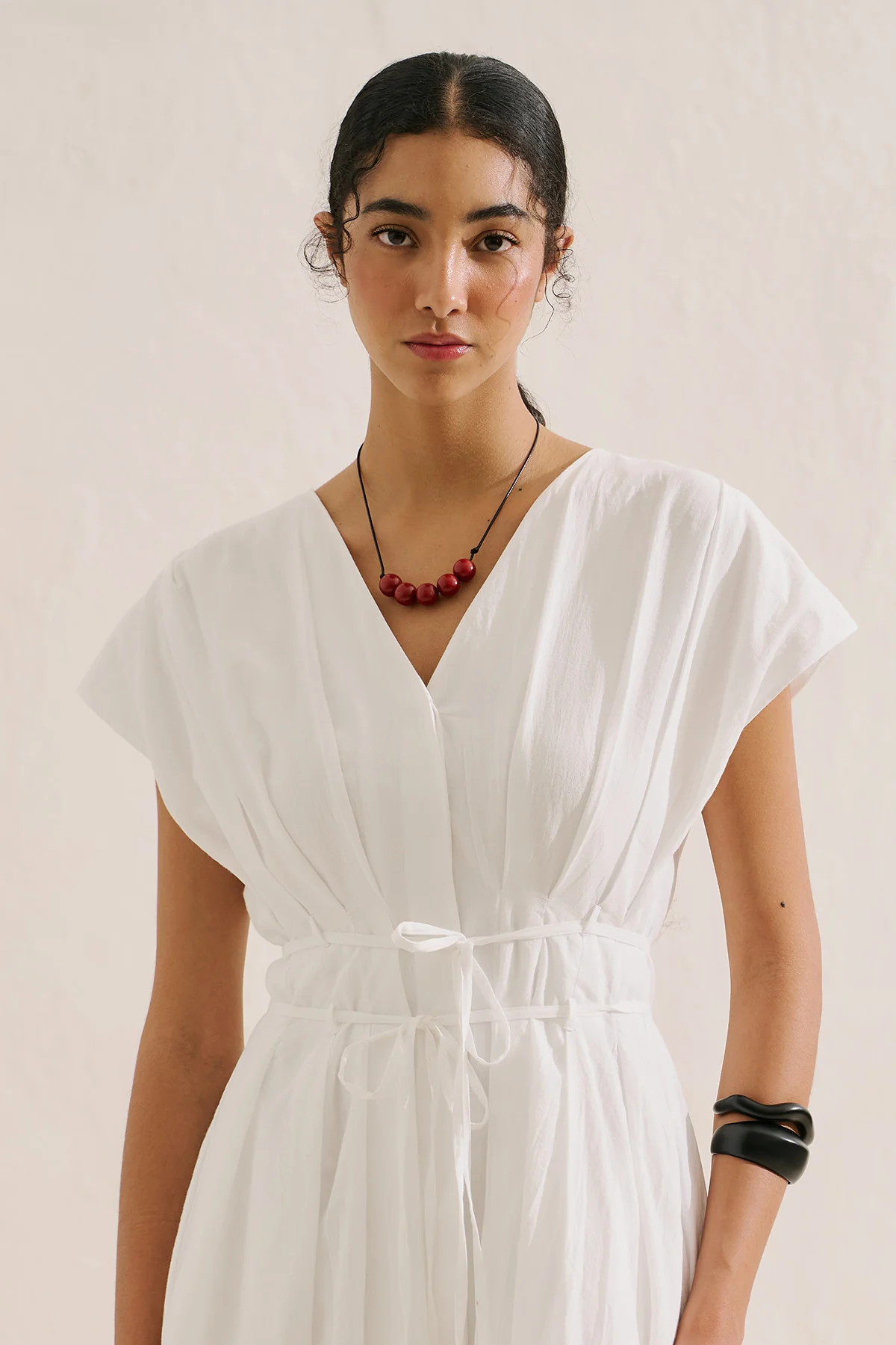 Pleated Dress With Belt Detail Ecru - Image 2